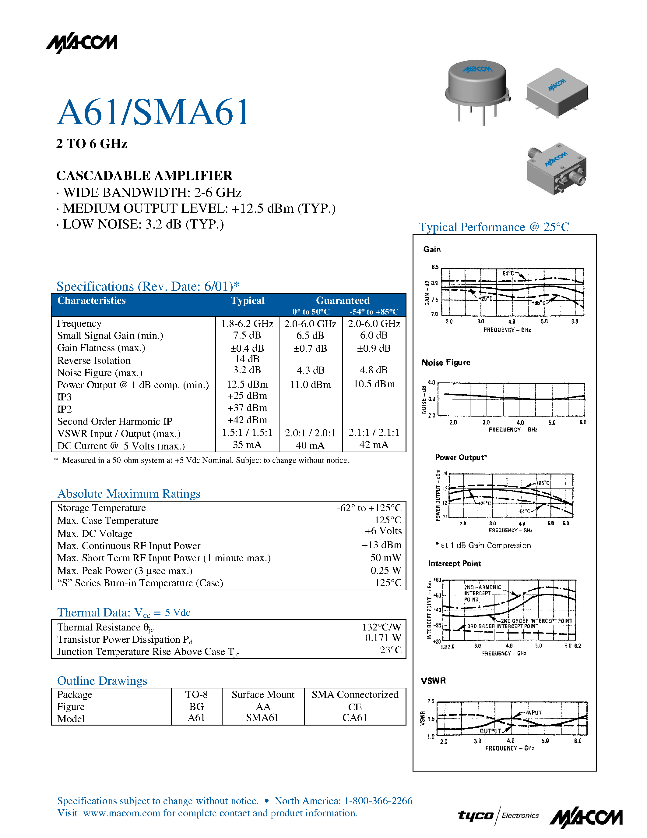 Даташит SMA61 - 2 TO 6 GHz CASCADABLE AMPLIFIER страница 1