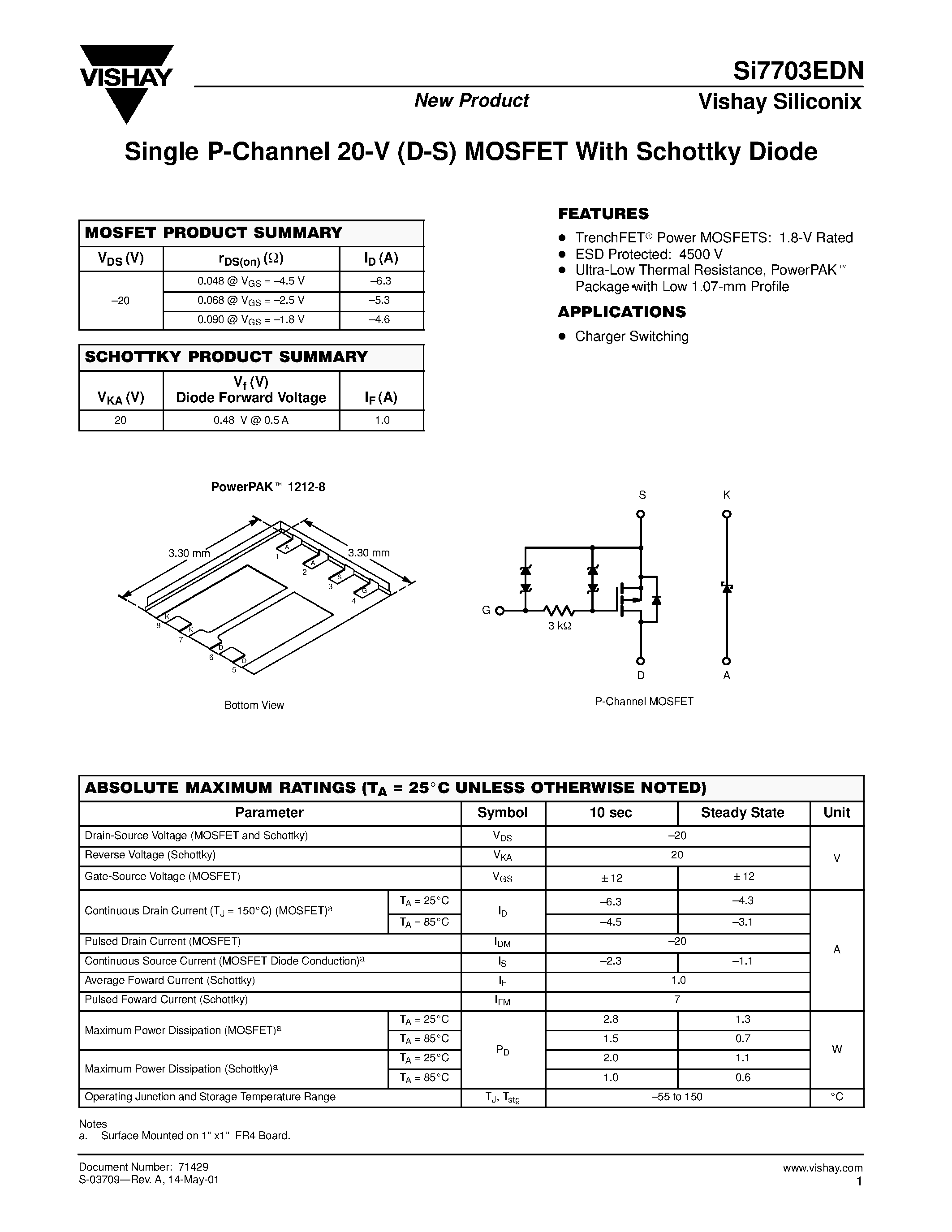 Даташит SI7703EDN - Single P-Channel 20-V (D-S) MOSFET With Schottky Diode страница 1