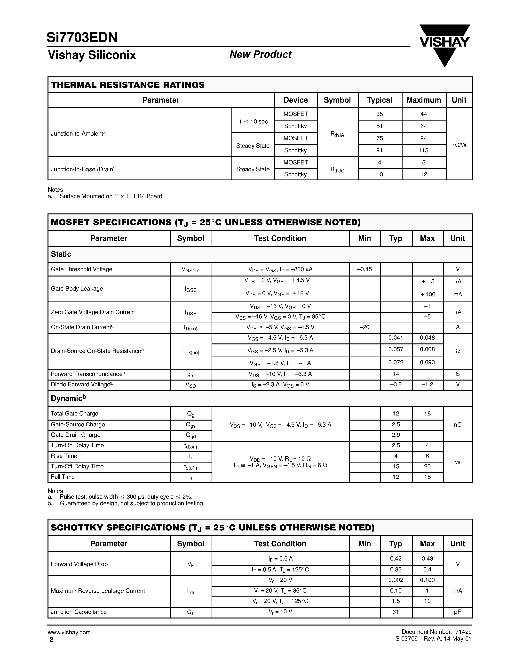 Даташит SI7703EDN - Single P-Channel 20-V (D-S) MOSFET With Schottky Diode страница 2