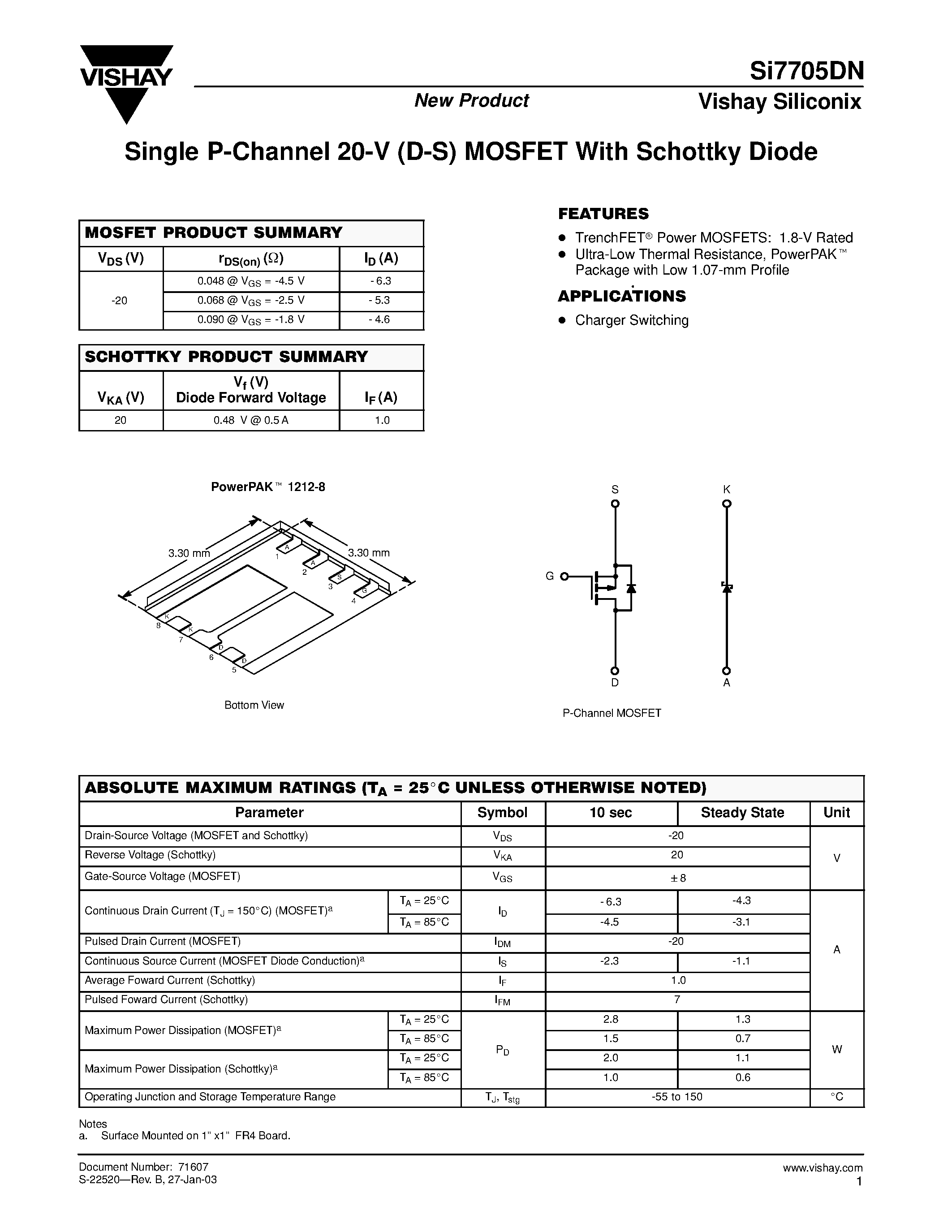 Даташит SI7705DN - Single P-Channel 20-V (D-S) MOSFET With Schottky Diode страница 1