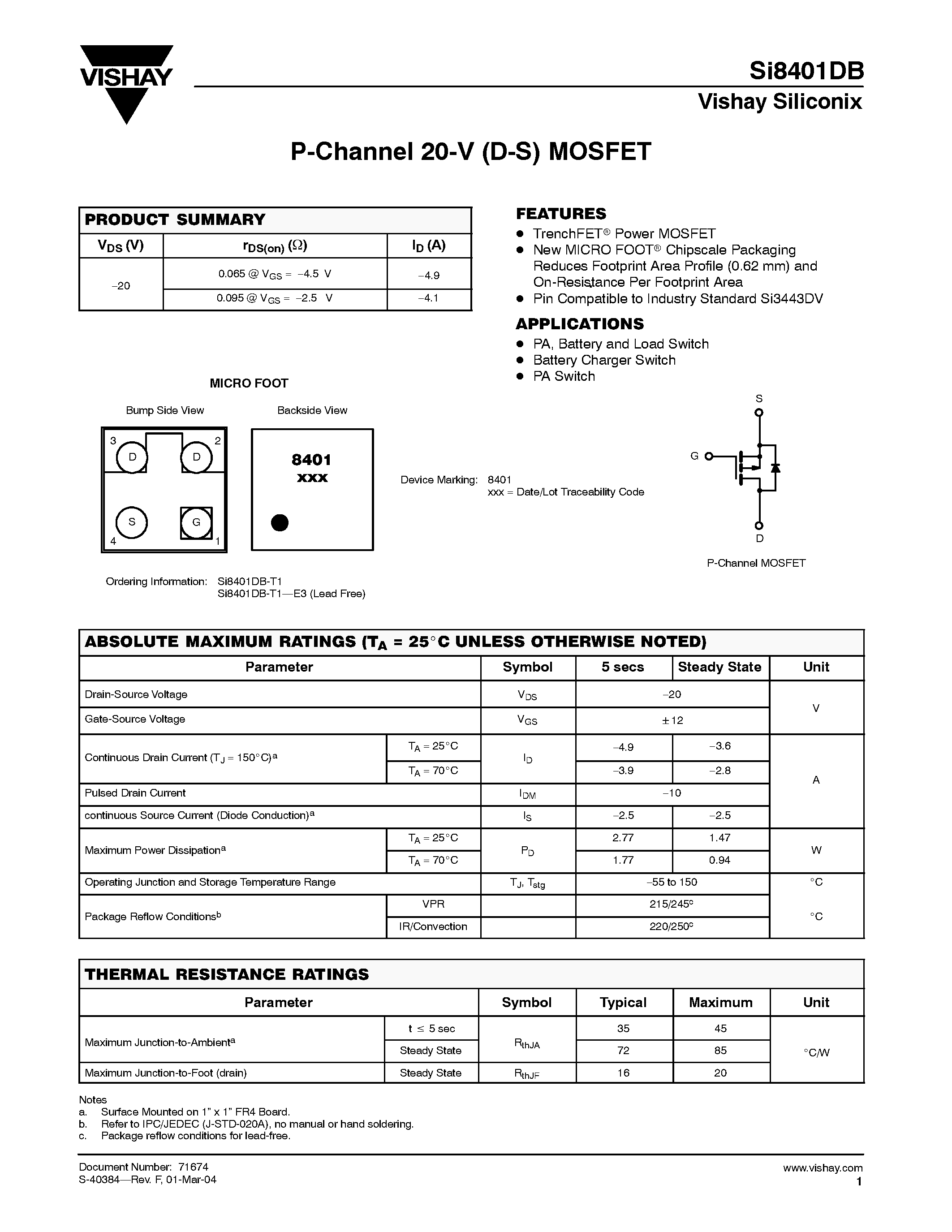 Даташит SI8401DB - P-Channel 20-V (D-S) MOSFET страница 1