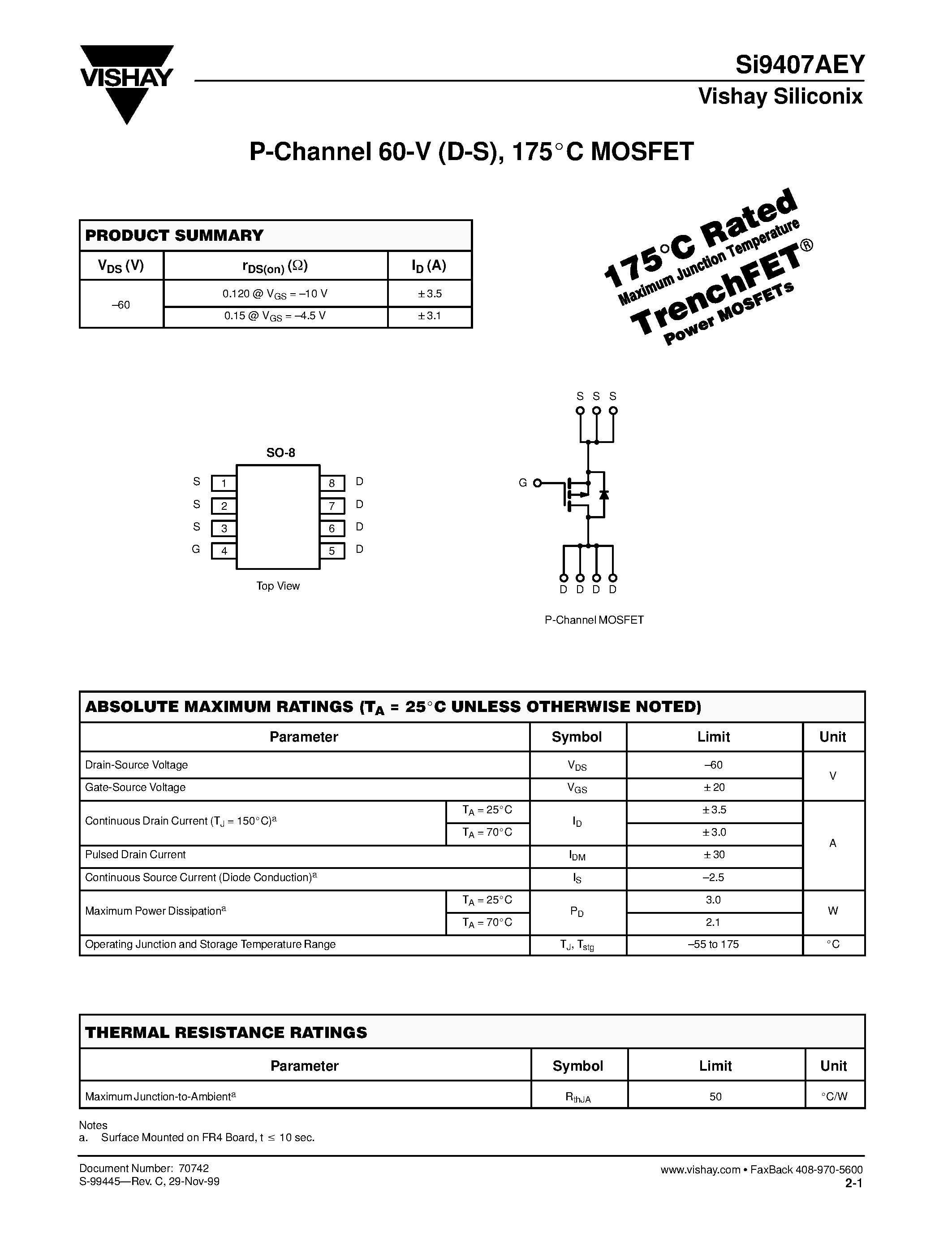 Даташит SI9407AEY - P-Channel 60-V (D-S)/ 175C MOSFET страница 1