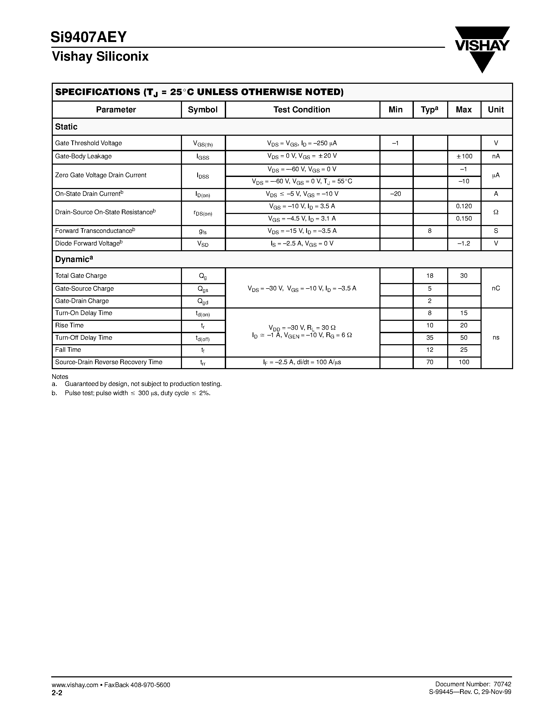 Даташит SI9407AEY - P-Channel 60-V (D-S)/ 175C MOSFET страница 2