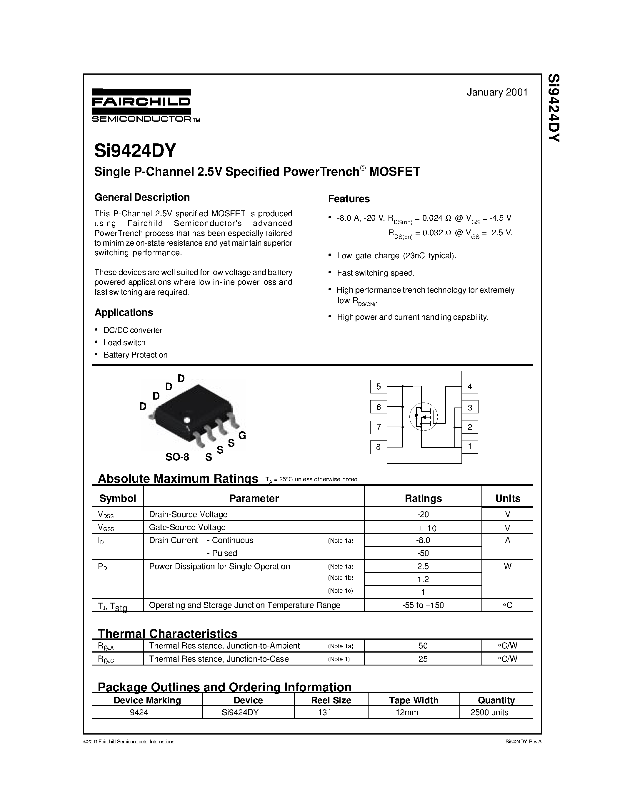 Даташит SI9424 - Single P-Channel 2.5V Specified PowerTrench MOSFET страница 1