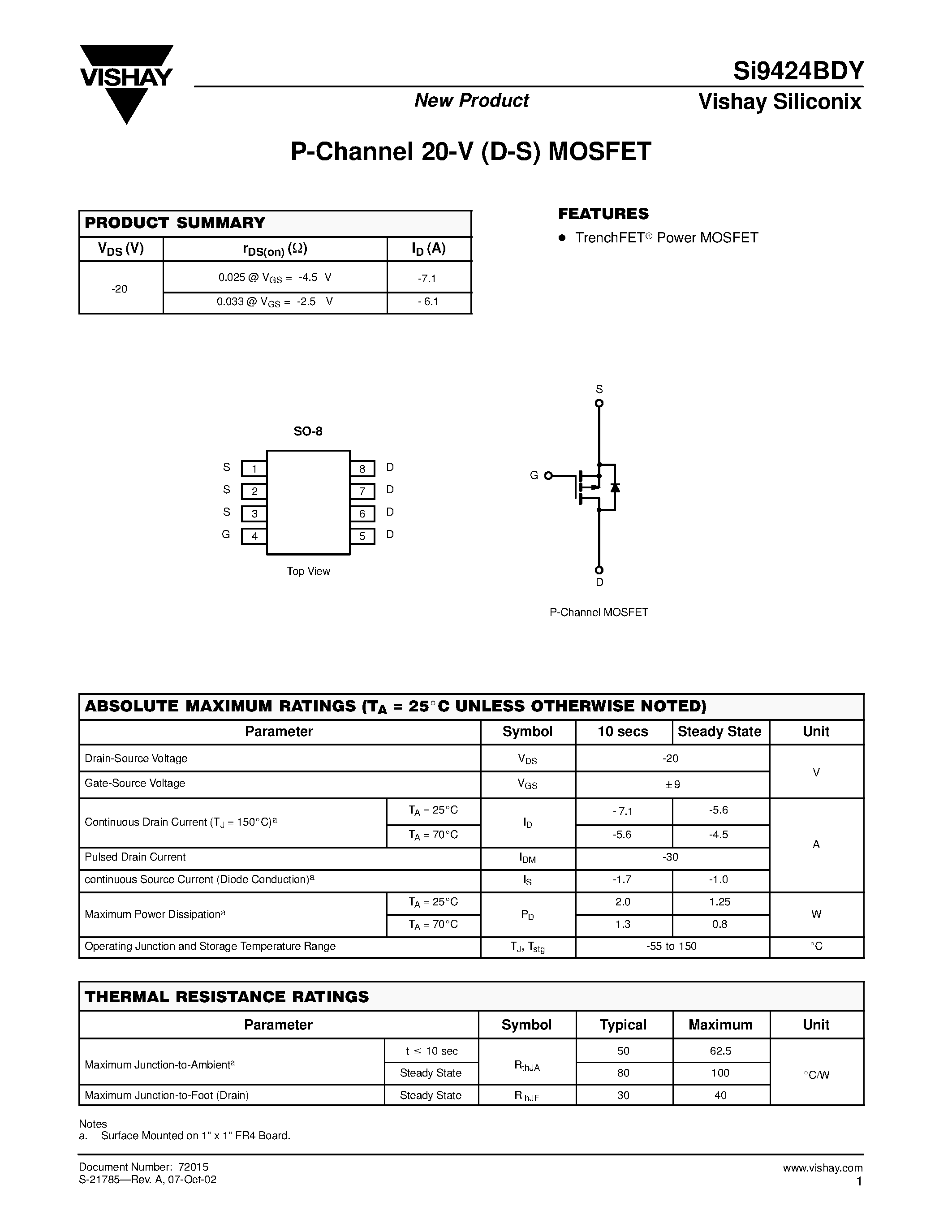 Даташит SI9424BDY - P-Channel 20-V (D-S) MOSFET страница 1