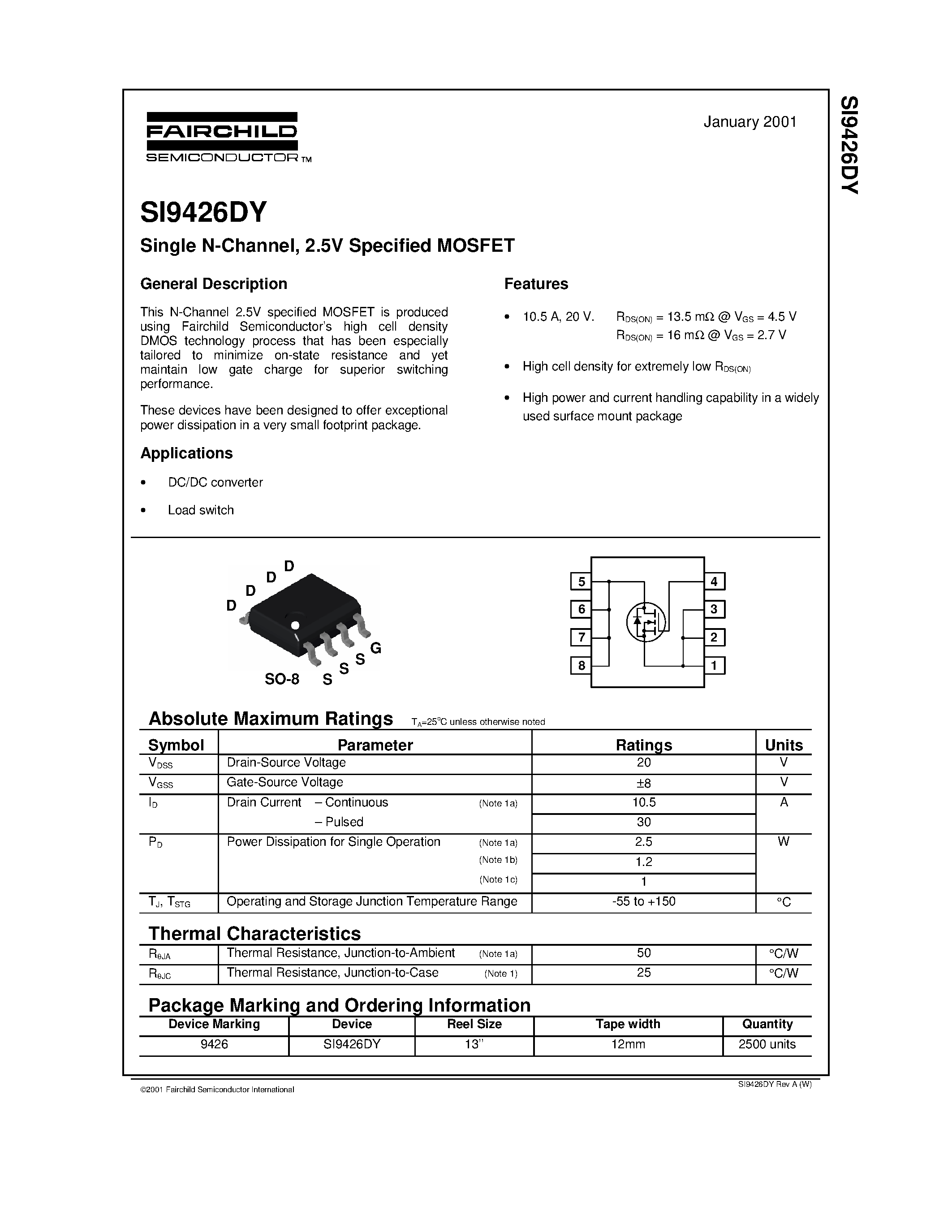 Даташит SI9426 - Single N-Channel/ 2.5V Specified MOSFET страница 1