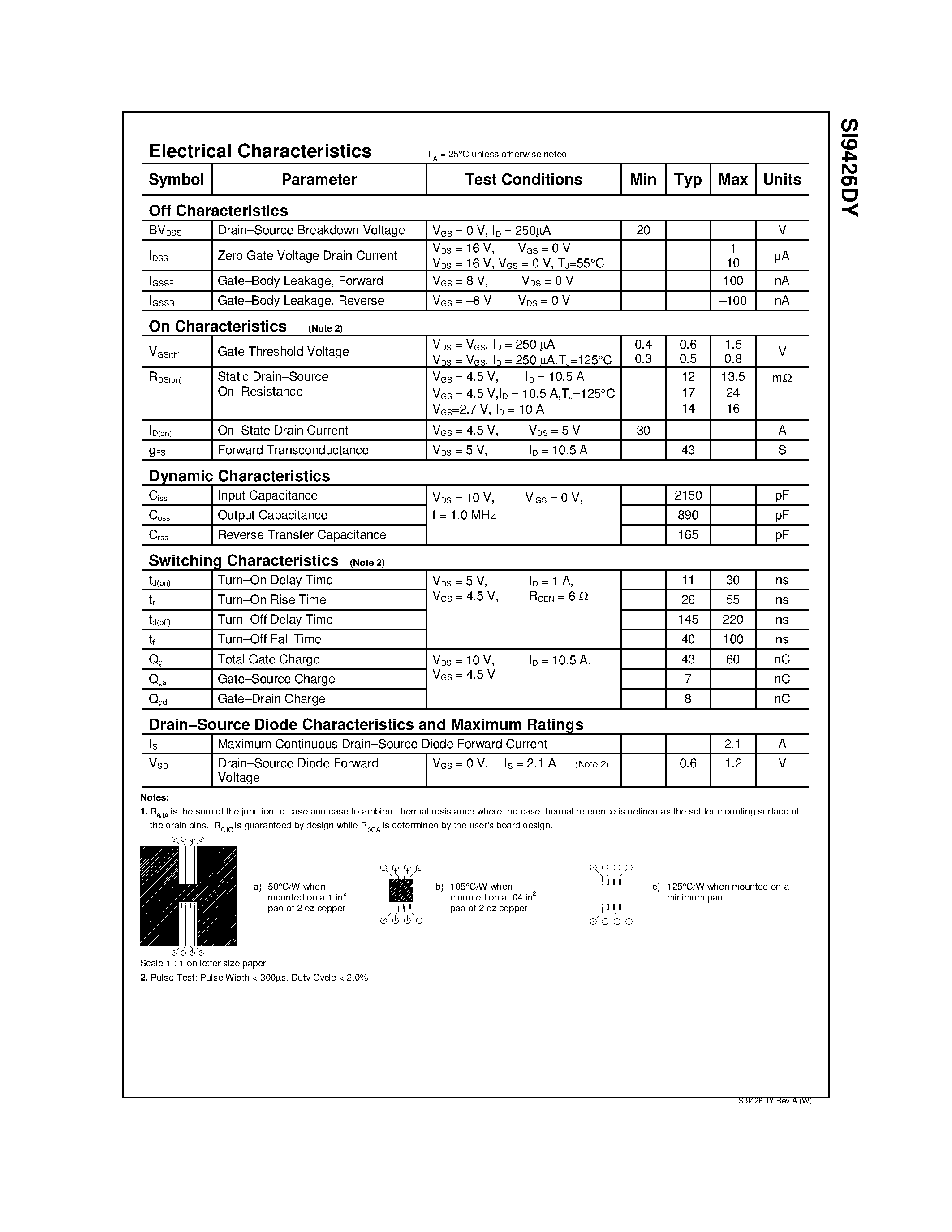 Даташит SI9426 - Single N-Channel/ 2.5V Specified MOSFET страница 2