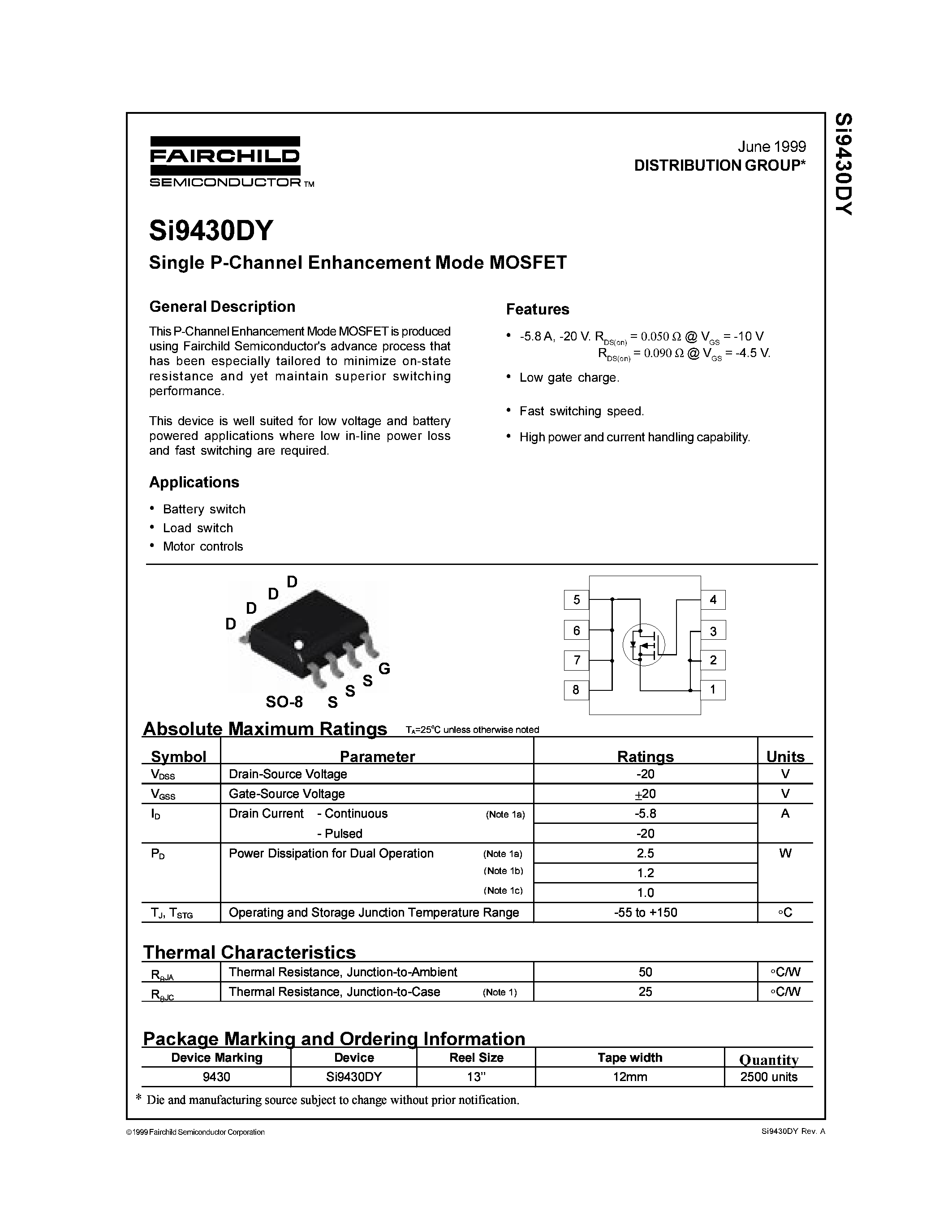 Даташит SI9430DY - Single P-Channel Enhancement Mode MOSFET страница 1