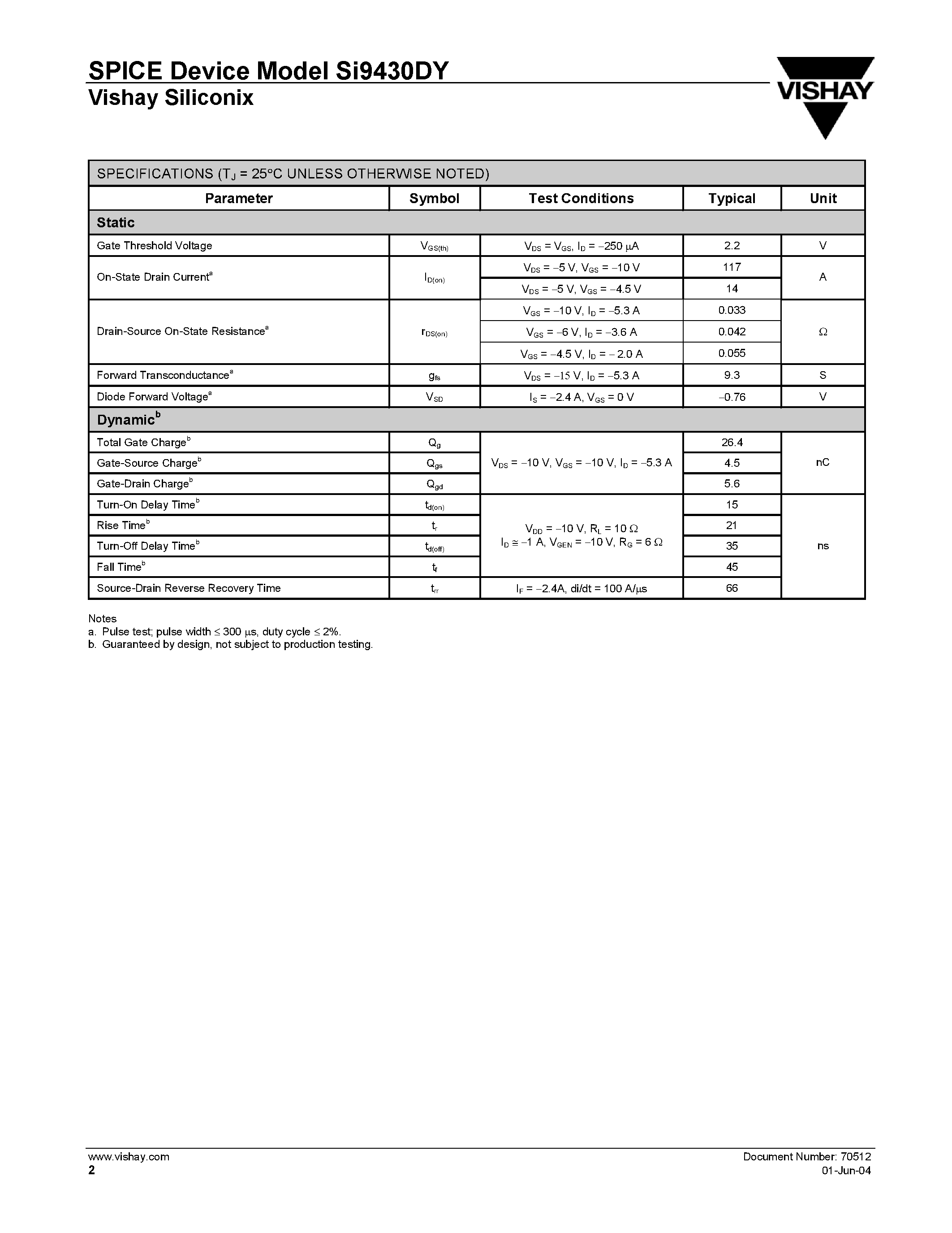 Даташит SI9430DY - P-Channel 30-V (D-S) MOSFET страница 2