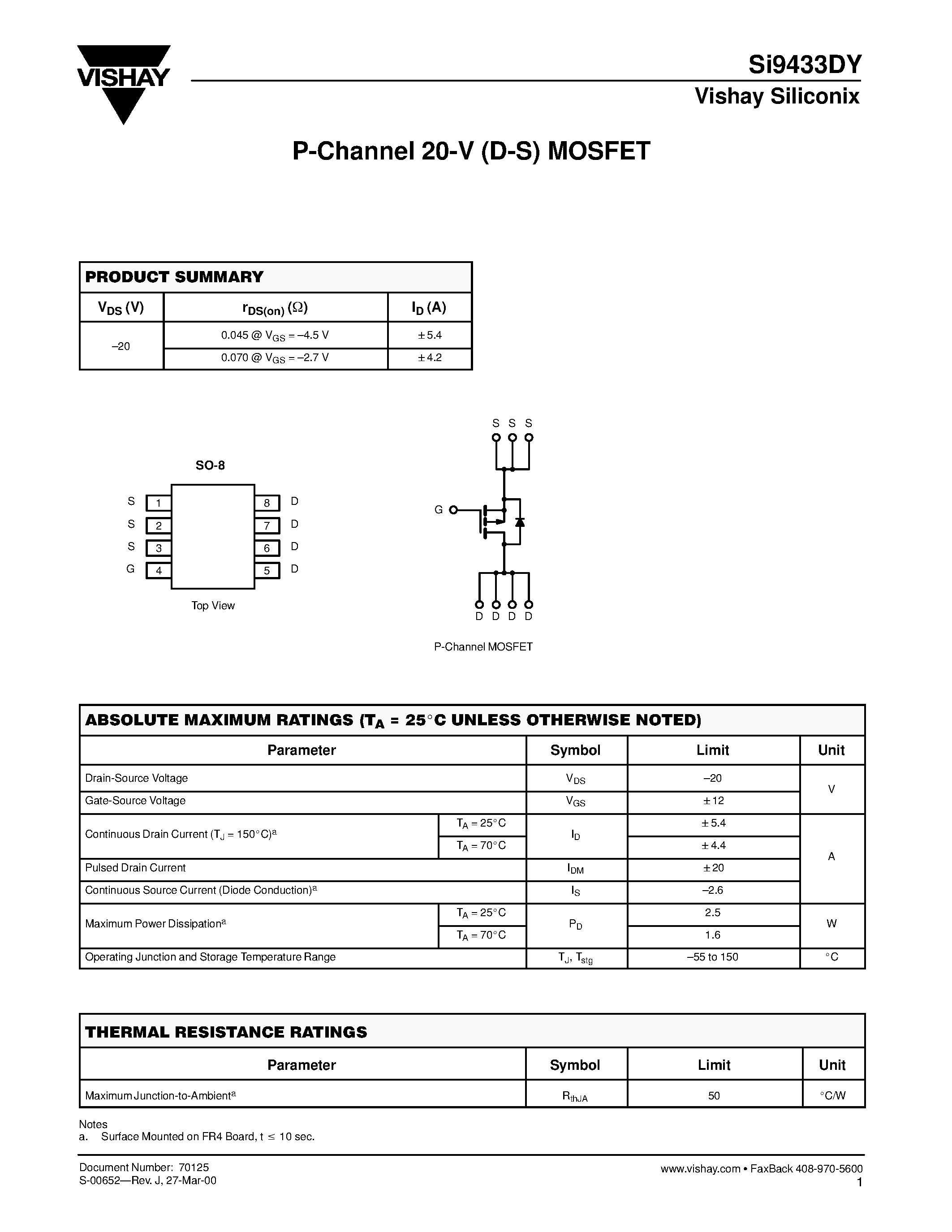 Даташит SI9433DY - P-Channel 20-V (D-S) MOSFET страница 1