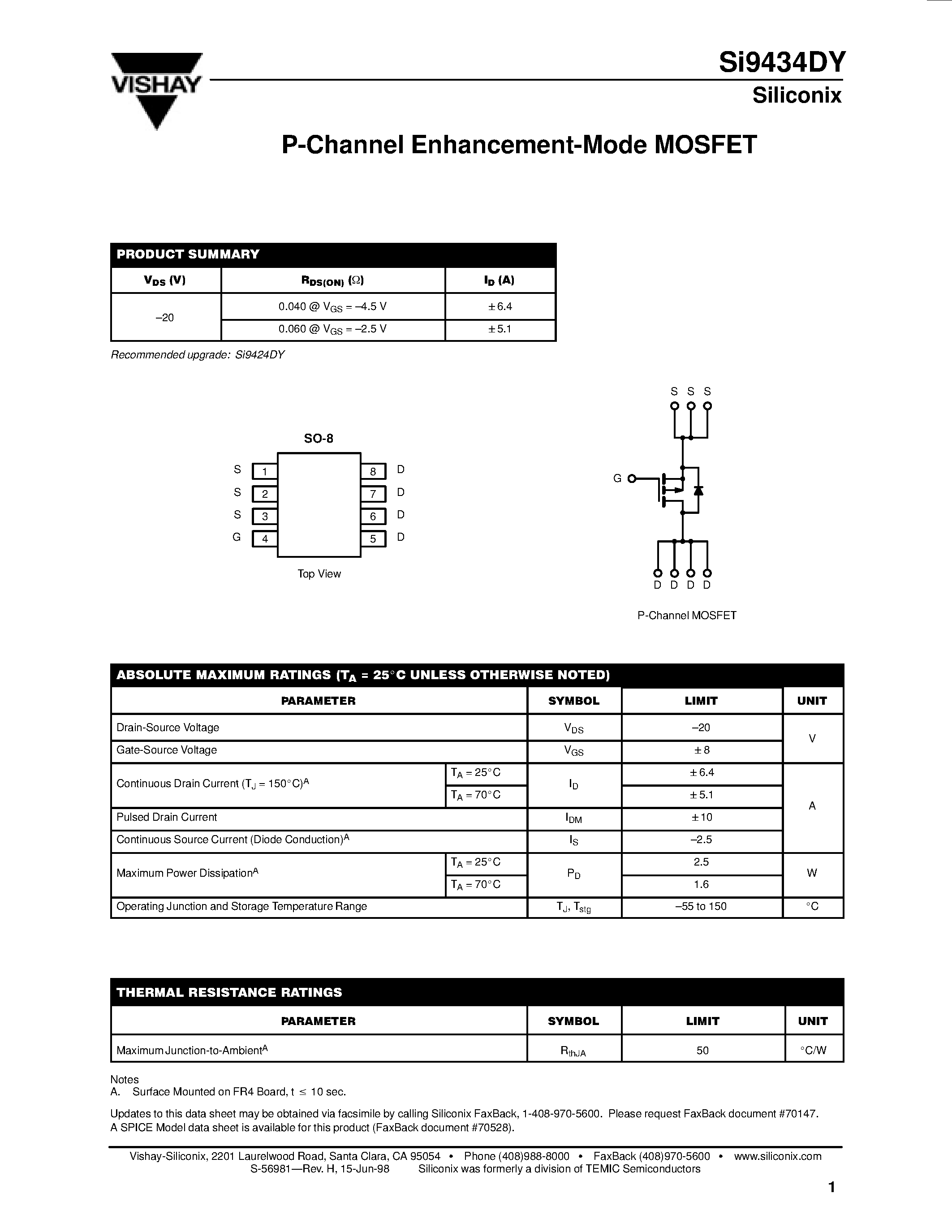 Даташит SI9434DY - P-Channel Enhancement-Mode MOSFET страница 1