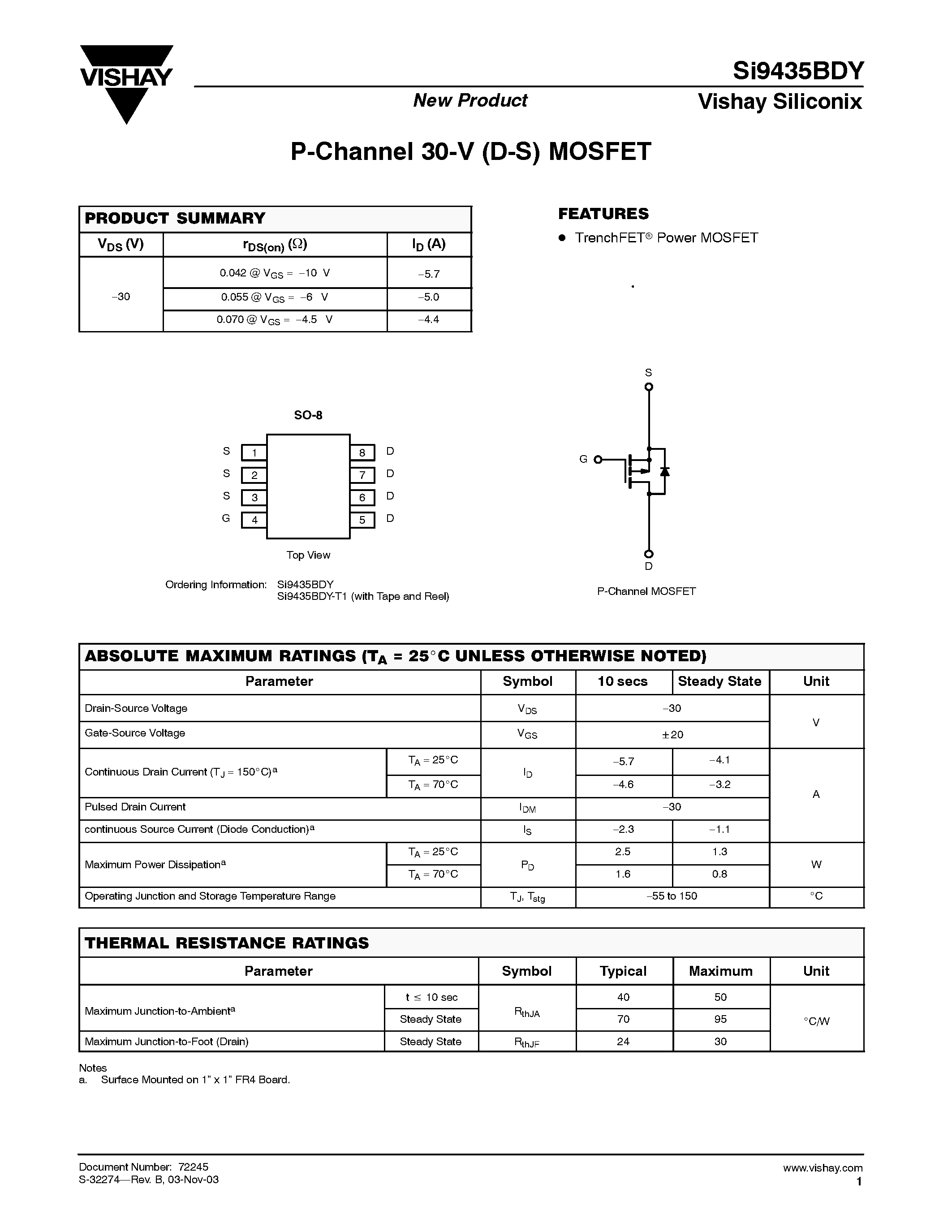 Даташит SI9435BDY - P-Channel 30-V (D-S) MOSFET страница 1