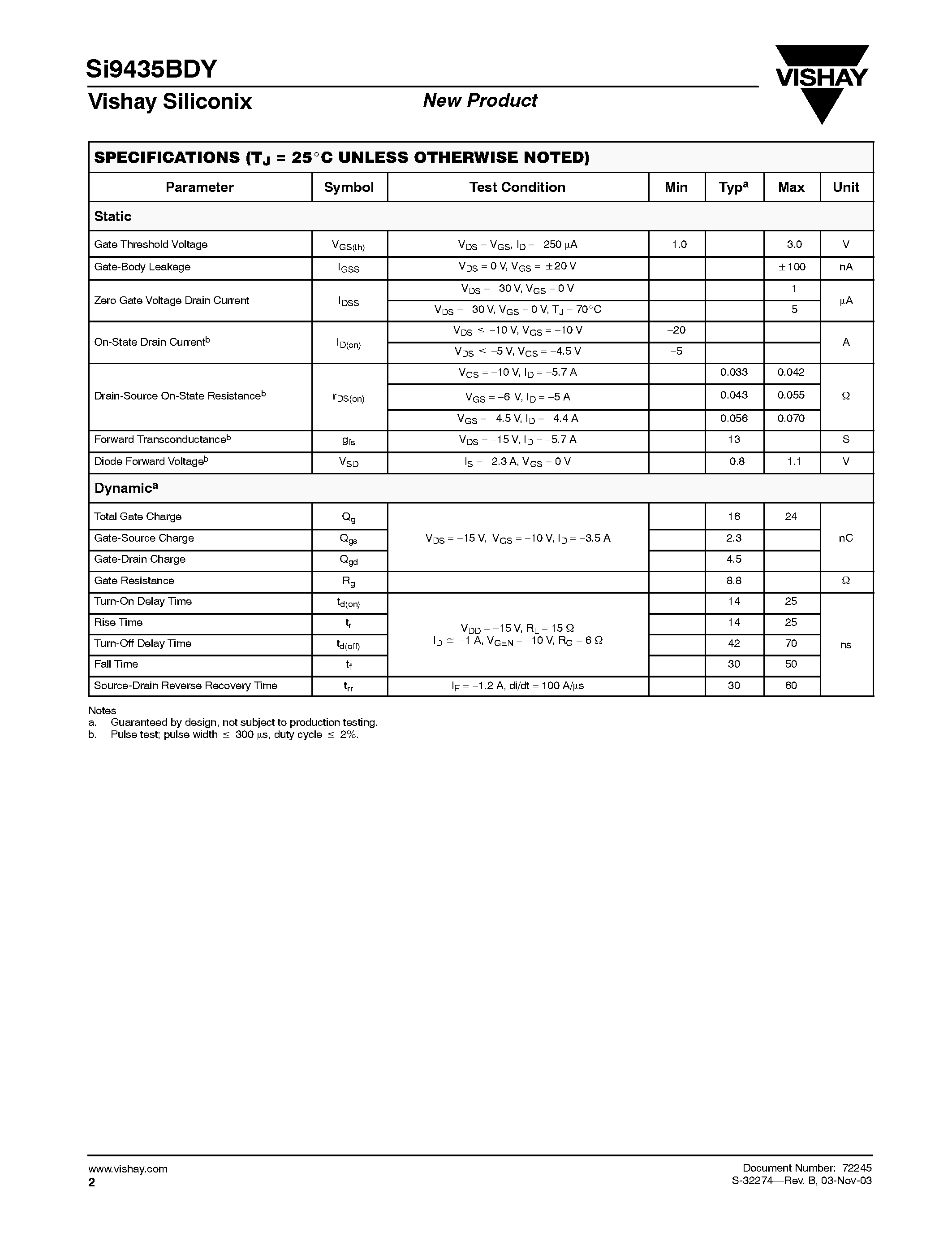 Даташит SI9435BDY - P-Channel 30-V (D-S) MOSFET страница 2