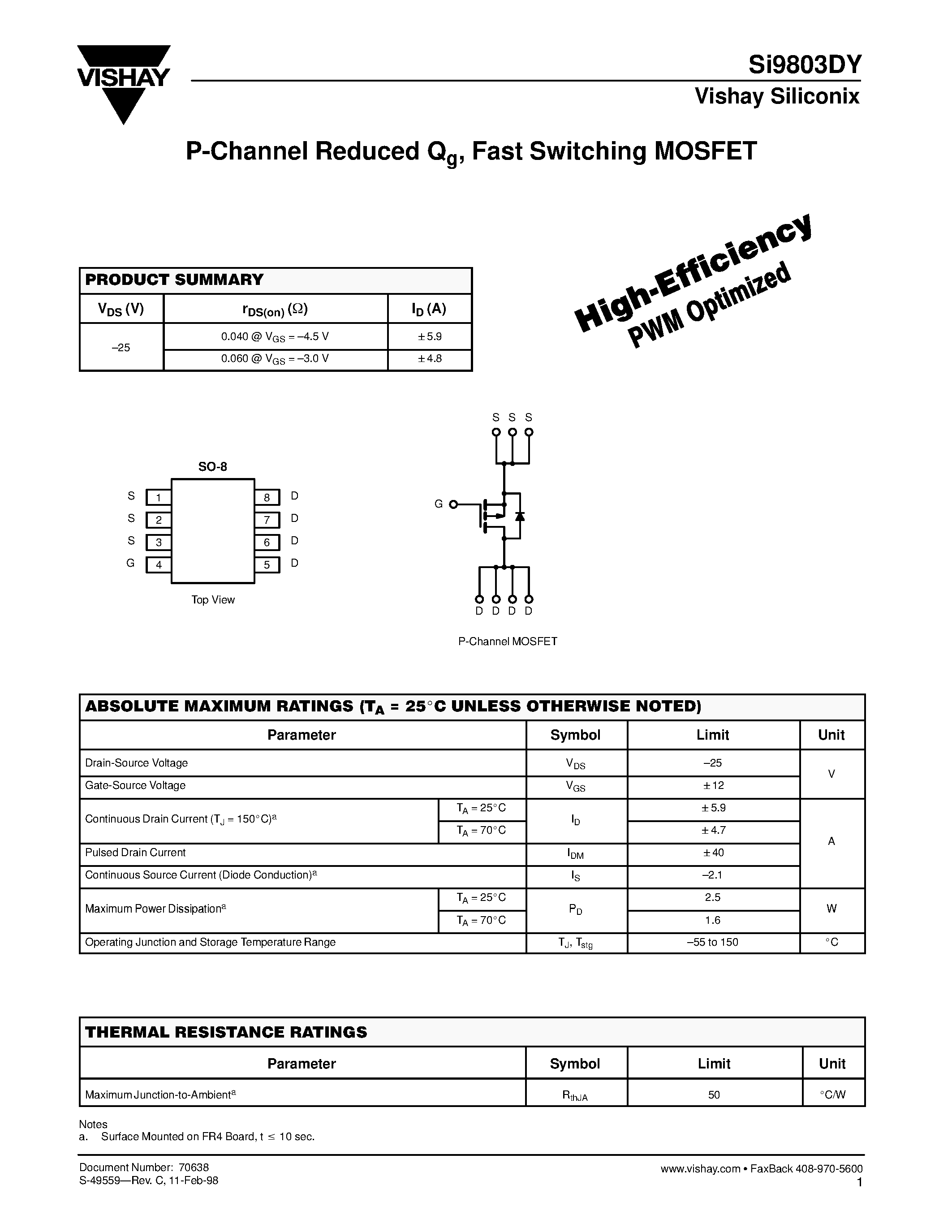 Даташит SI9803DY - P-Channel Reduced Qg Fast Switching MOSFET страница 1