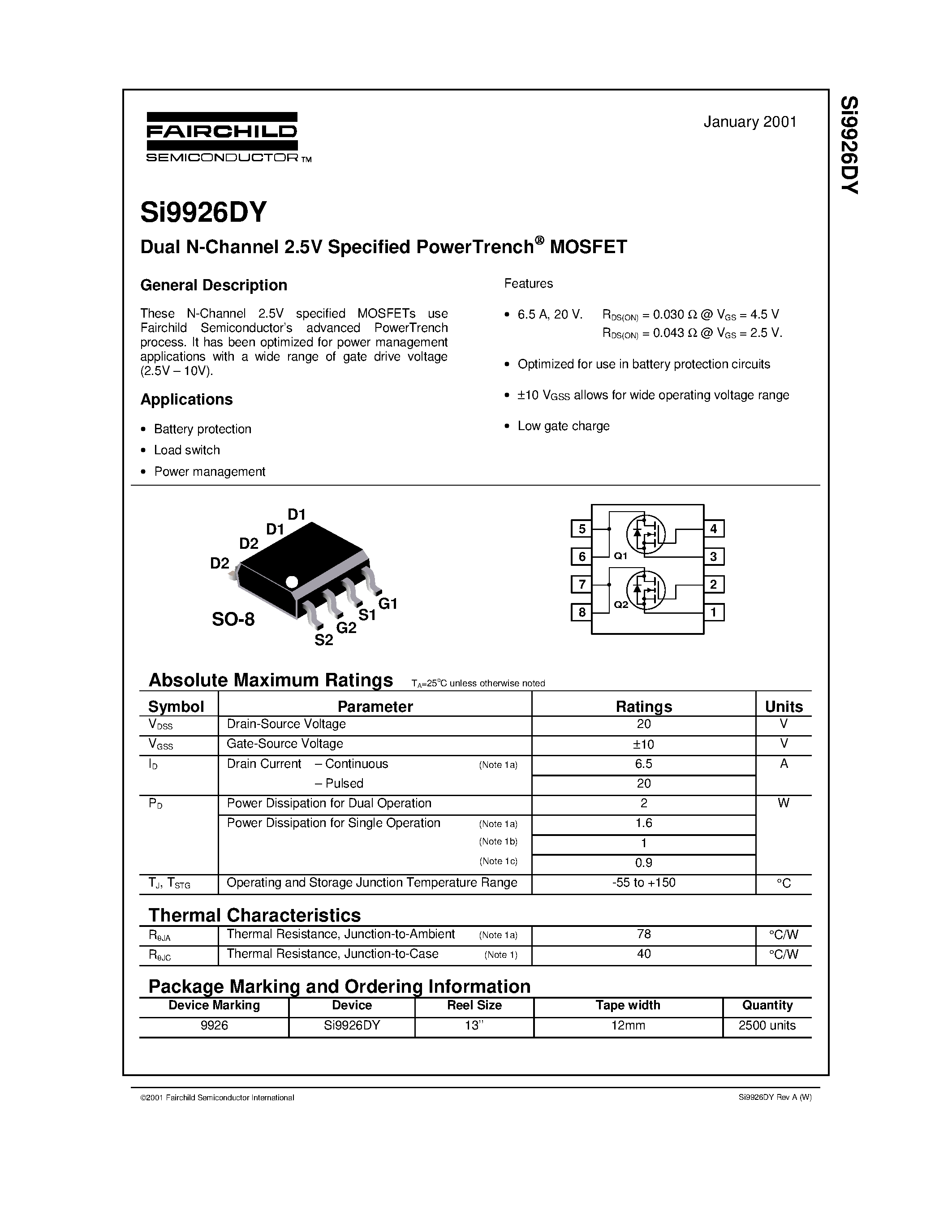 Даташит SI9926DY - Dual N-Channel 2.5V Specified PowerTrench MOSFET страница 1