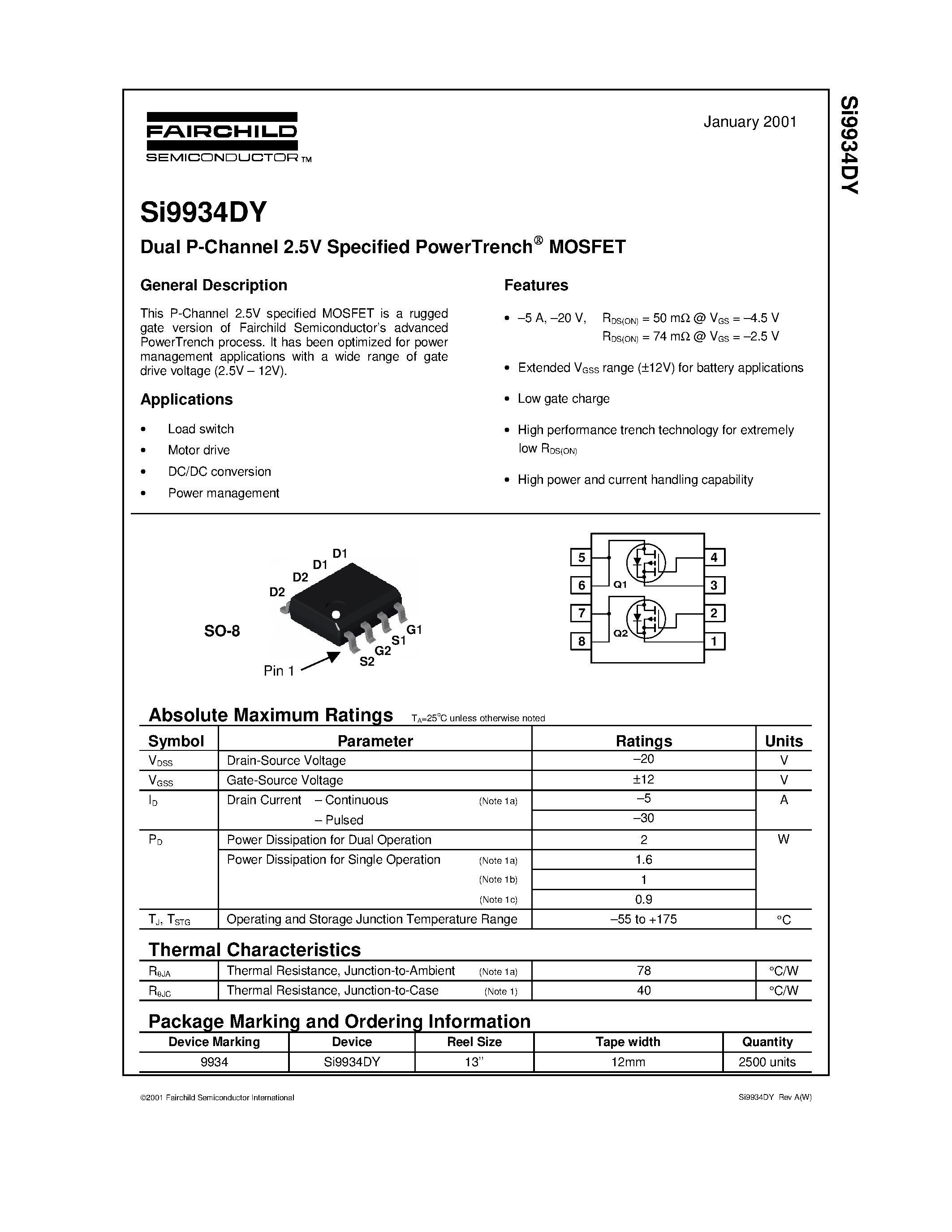 Даташит SI9934DY - Dual P-Channel 2.5V Specified PowerTrench MOSFET страница 1