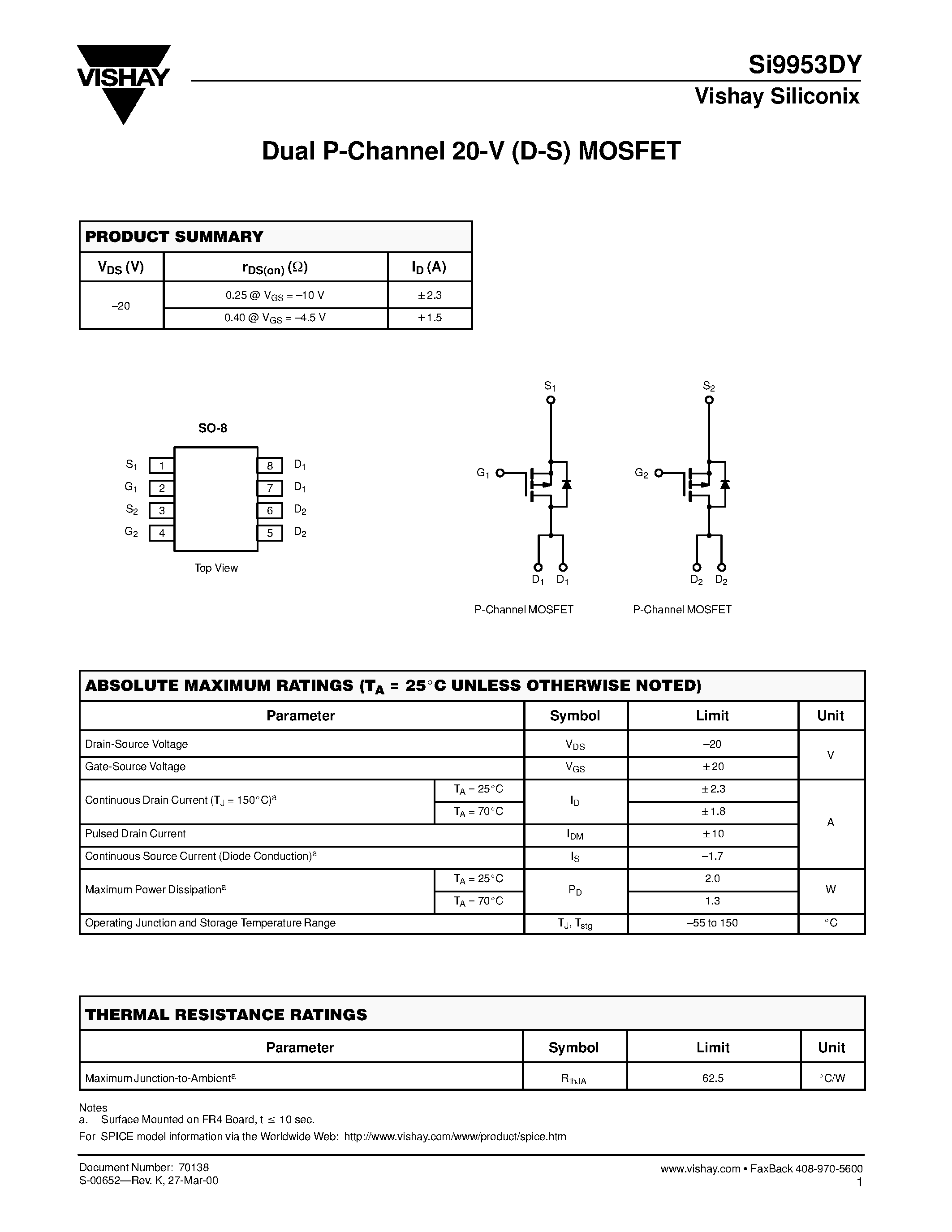 Даташит SI9953DY - Dual P-Channel 20-V (D-S) MOSFET страница 1