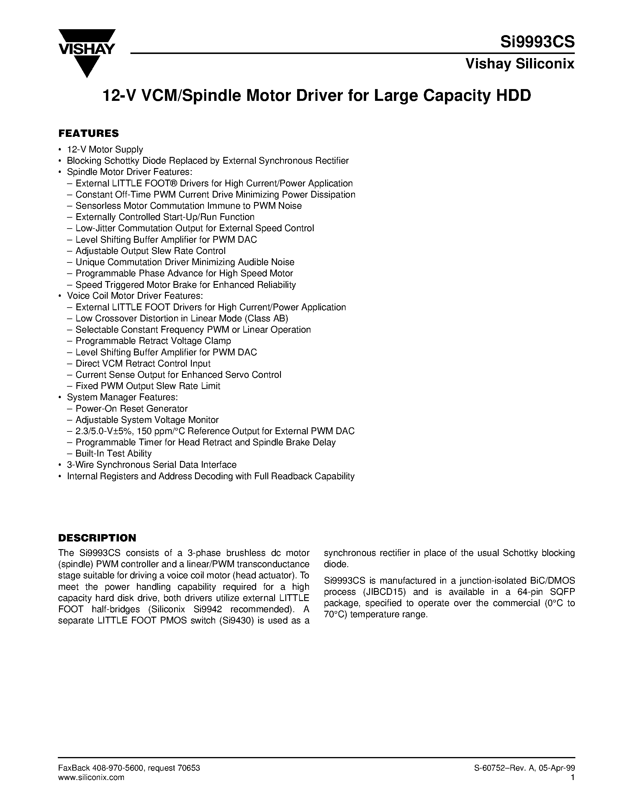 Даташит SI9993CS - 12-V VCM/Spindle Motor Driver for Large Capacity HDD страница 1