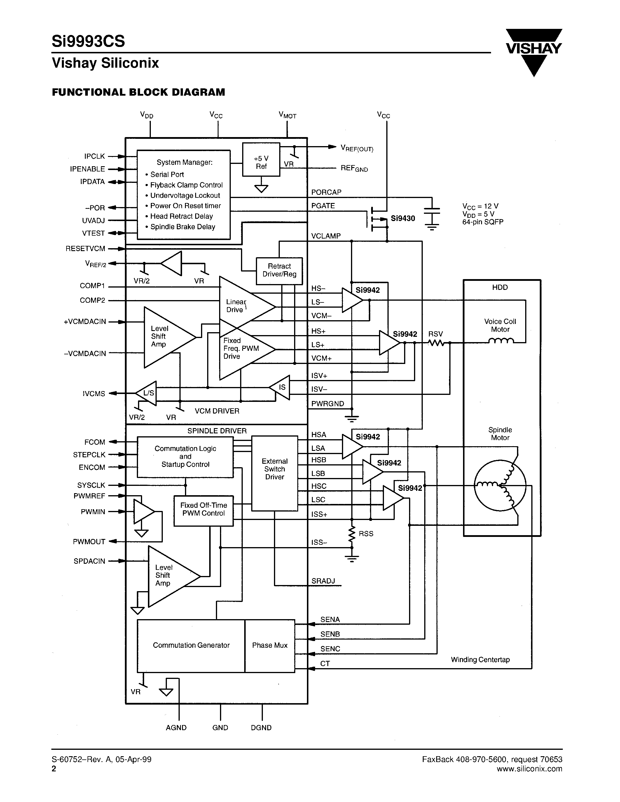 Даташит SI9993CS - 12-V VCM/Spindle Motor Driver for Large Capacity HDD страница 2