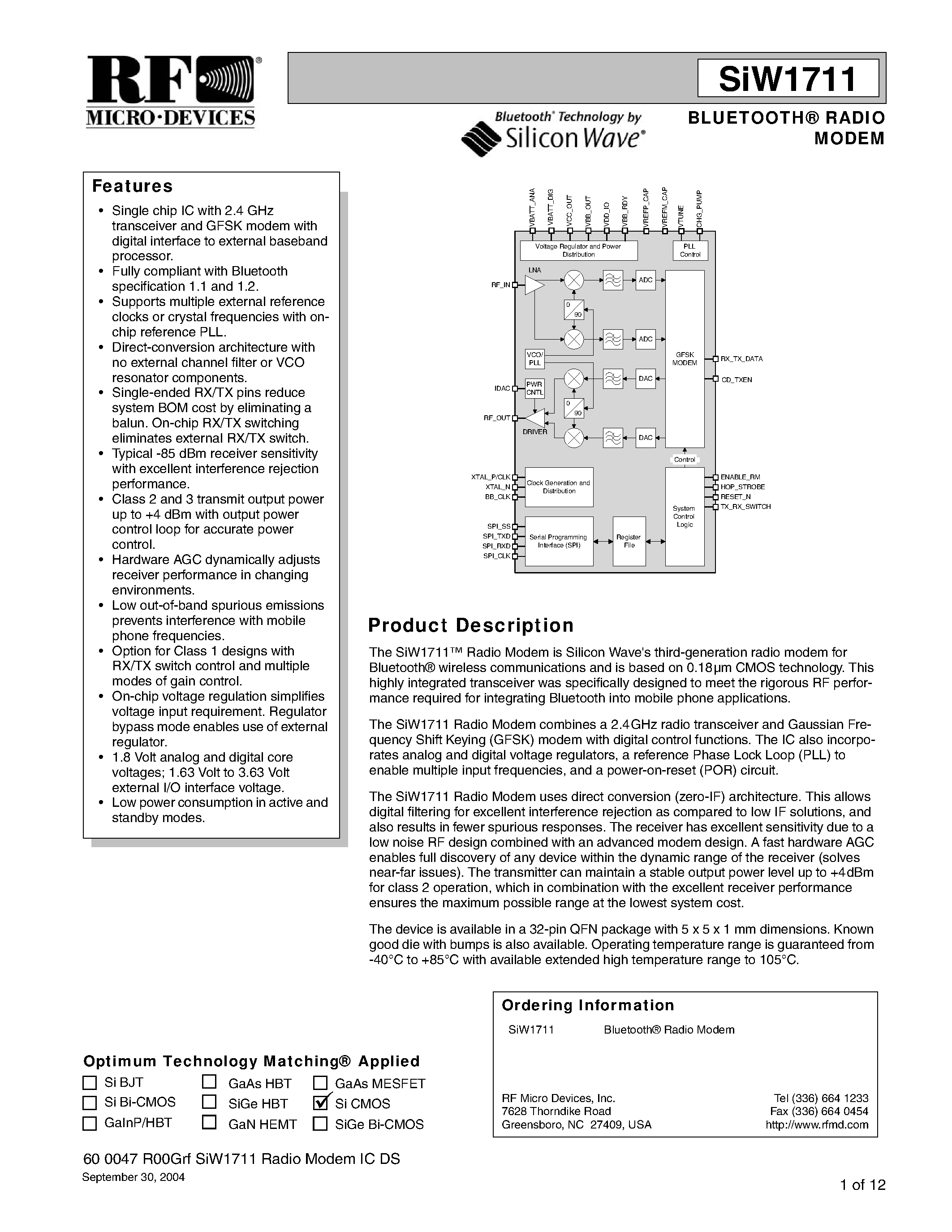 Datasheet SIW1711DIF-B - BLUETOOTH RADIO MODEM page 1