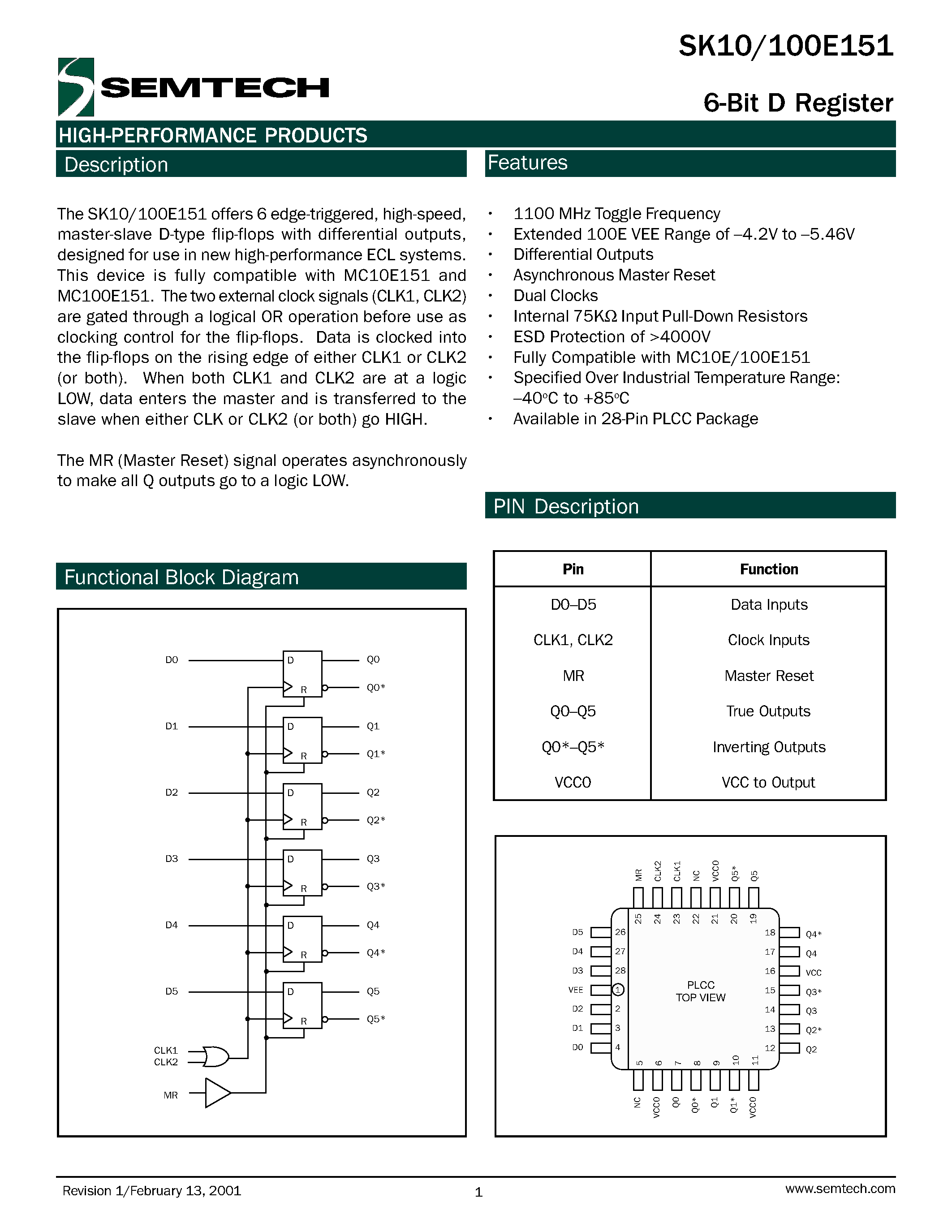 Даташит SK100E151 - 6-Bit D Register страница 1