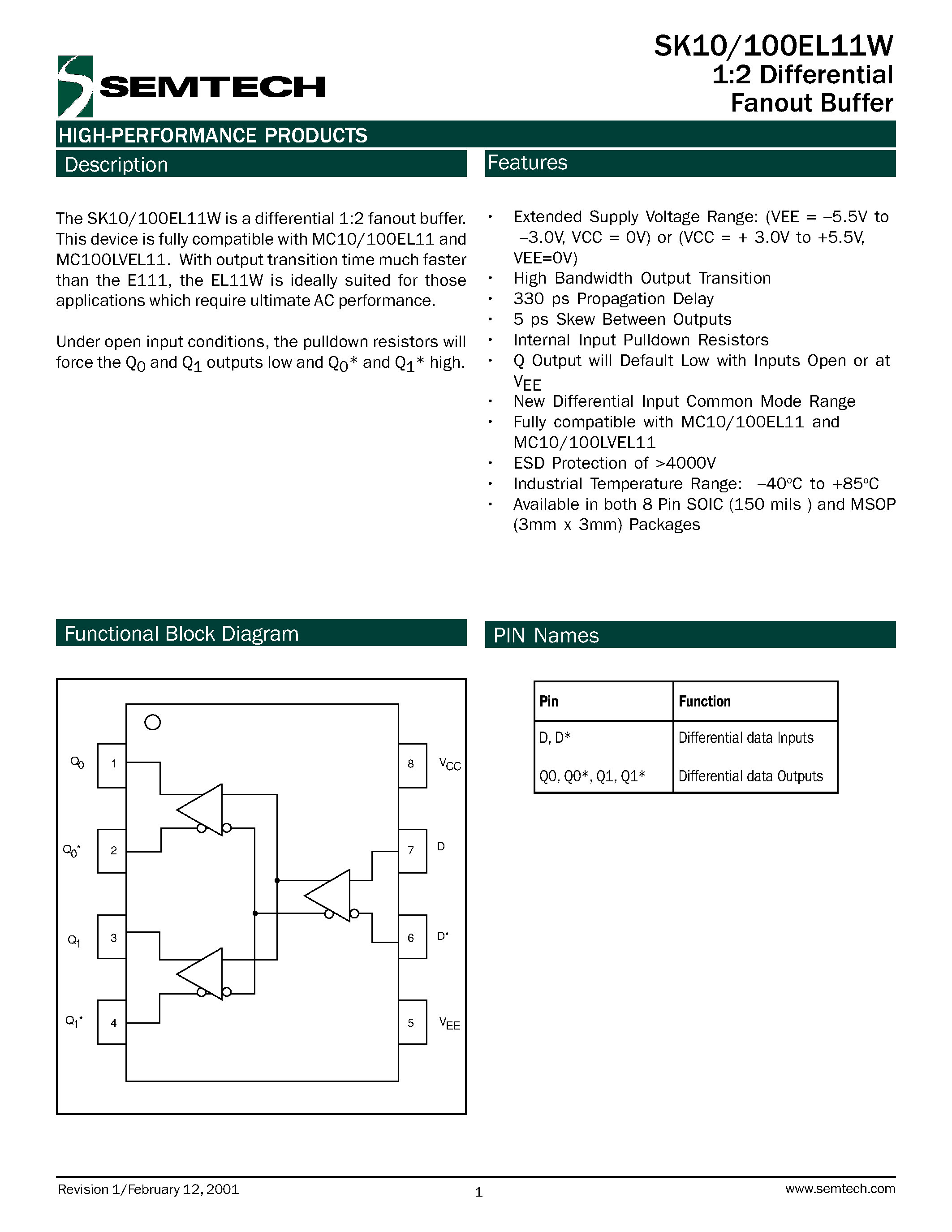 Даташит SK100EL11W - 1:2 Differential Fanout Buffer страница 1