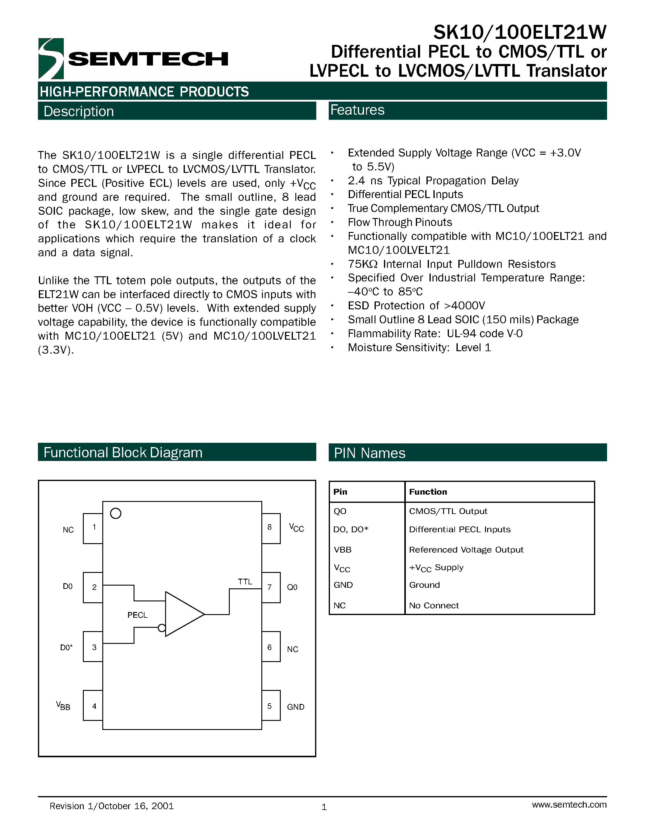 Даташит SK100ELT21W - Differential PECL to CMOS/TTL or LVPECL to LVCMOS/LVTTL Translator страница 1