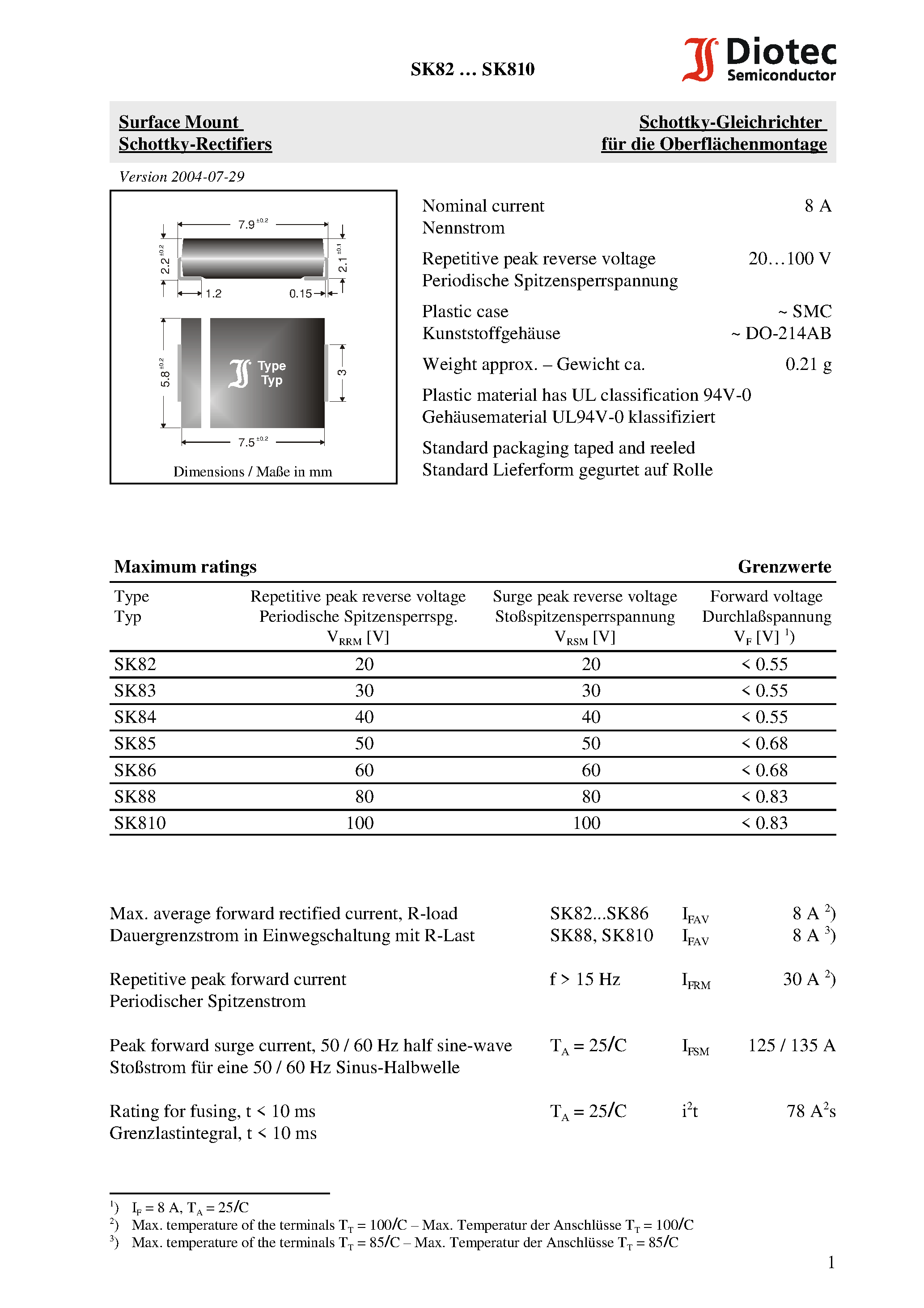 Datasheet SK83 - Surface Mount Schottky-Rectifiers page 1