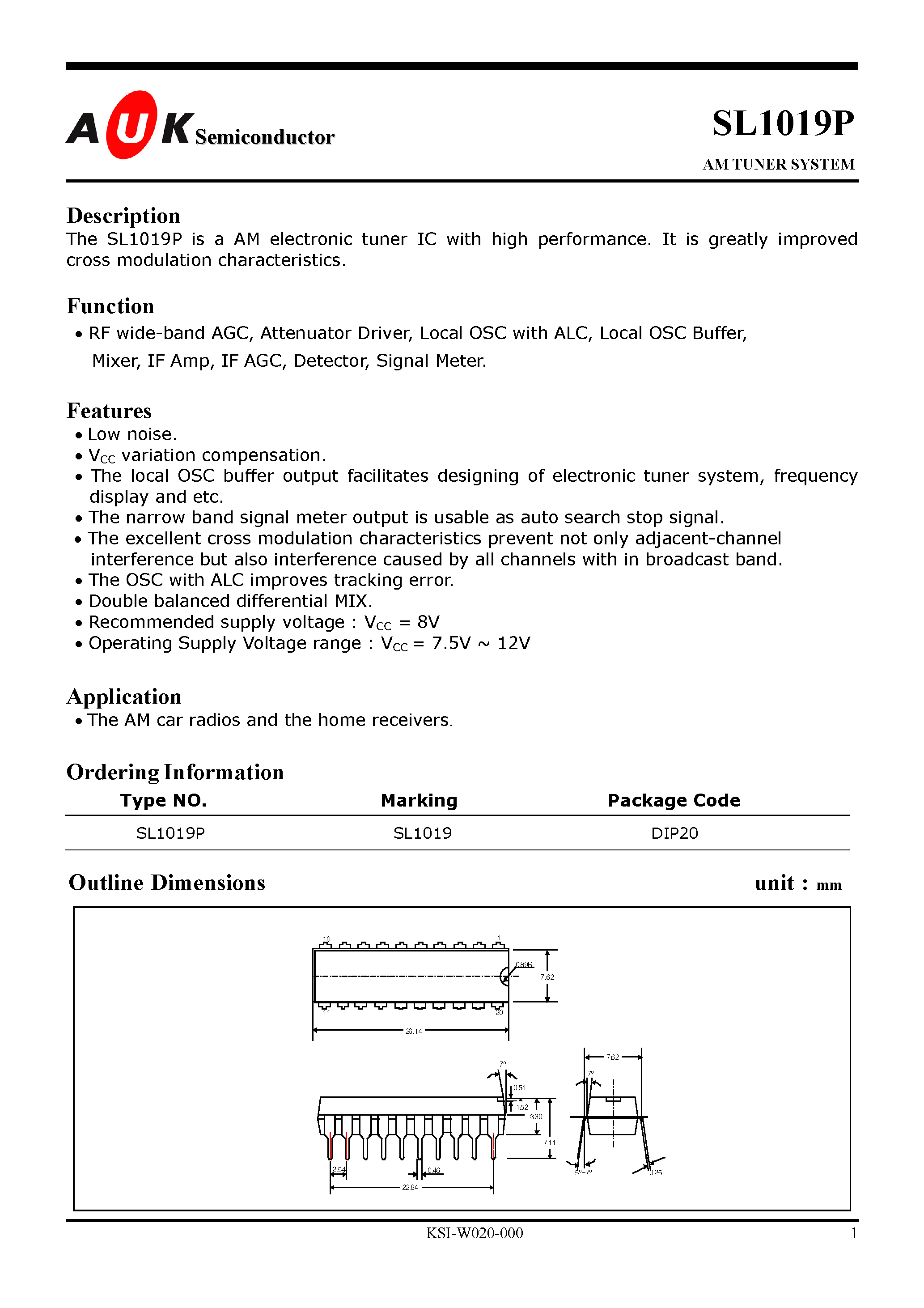 Datasheet SL1019P - AM TUNER SYSTEM page 1