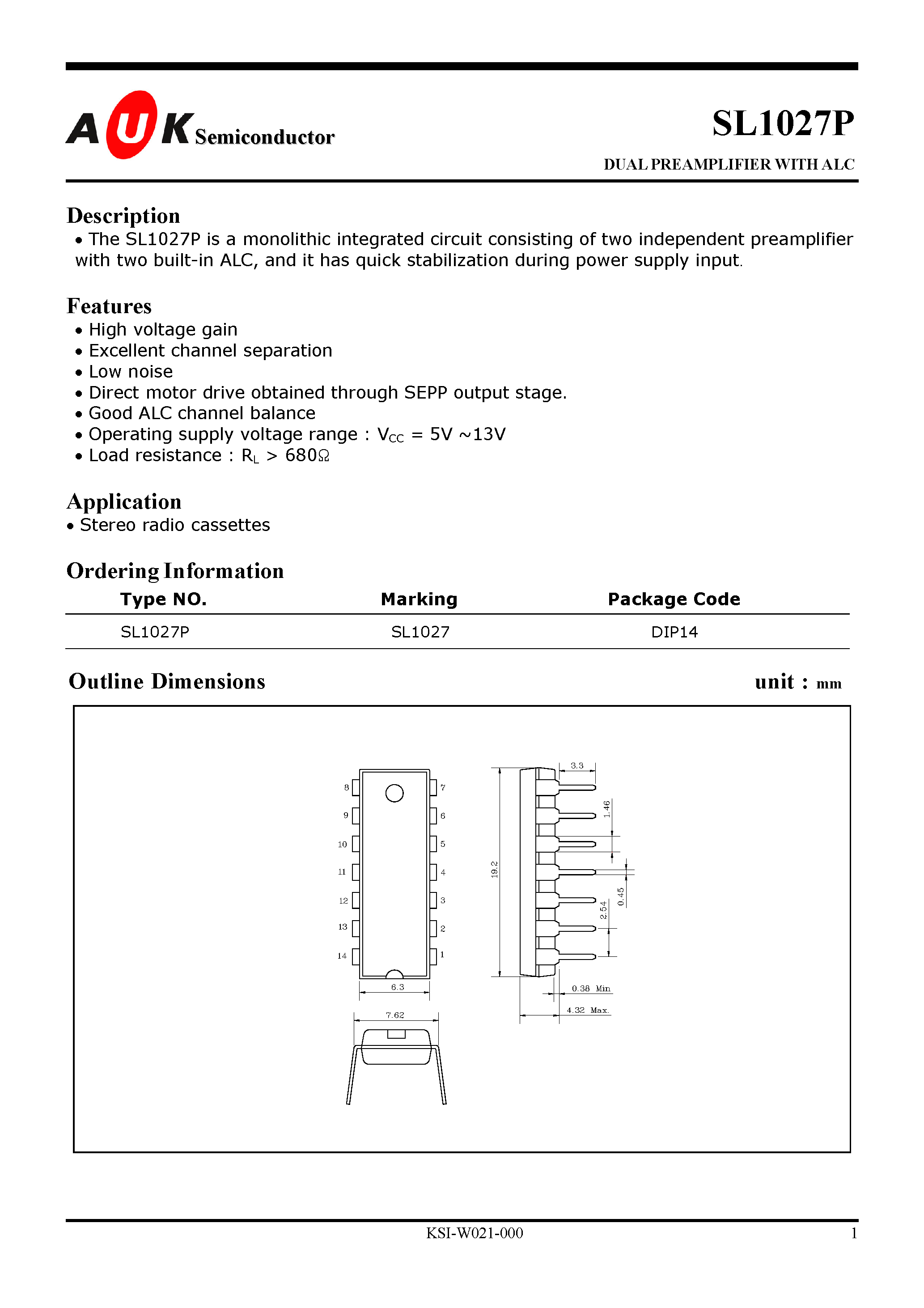 Datasheet SL1027P - DUAL PREAMPLIFIER WITH ALC page 1