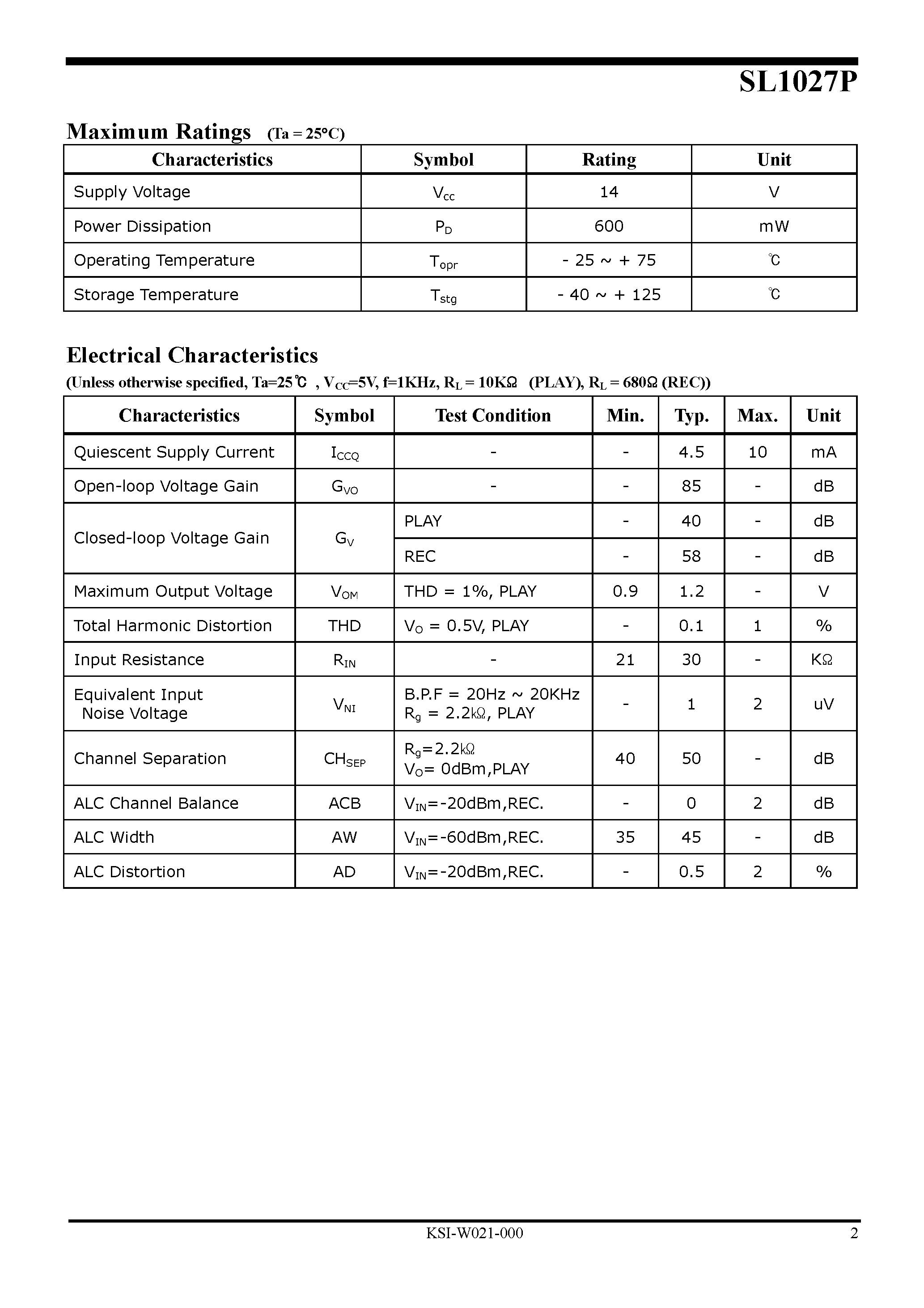 Datasheet SL1027P - DUAL PREAMPLIFIER WITH ALC page 2