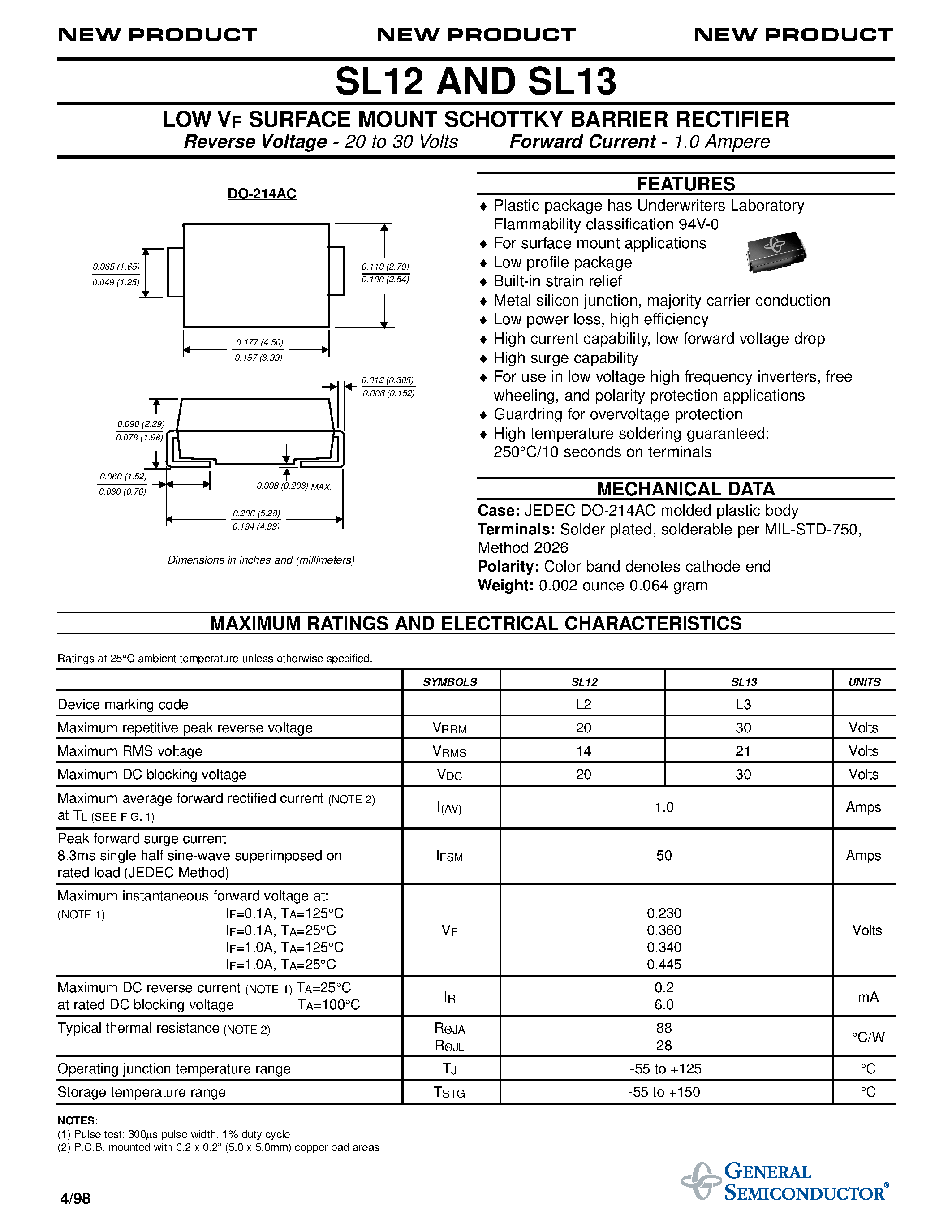 Datasheet SL12 - LOW VF SURFACE MOUNT SCHOTTKY BARRIER RECTIFIER page 1