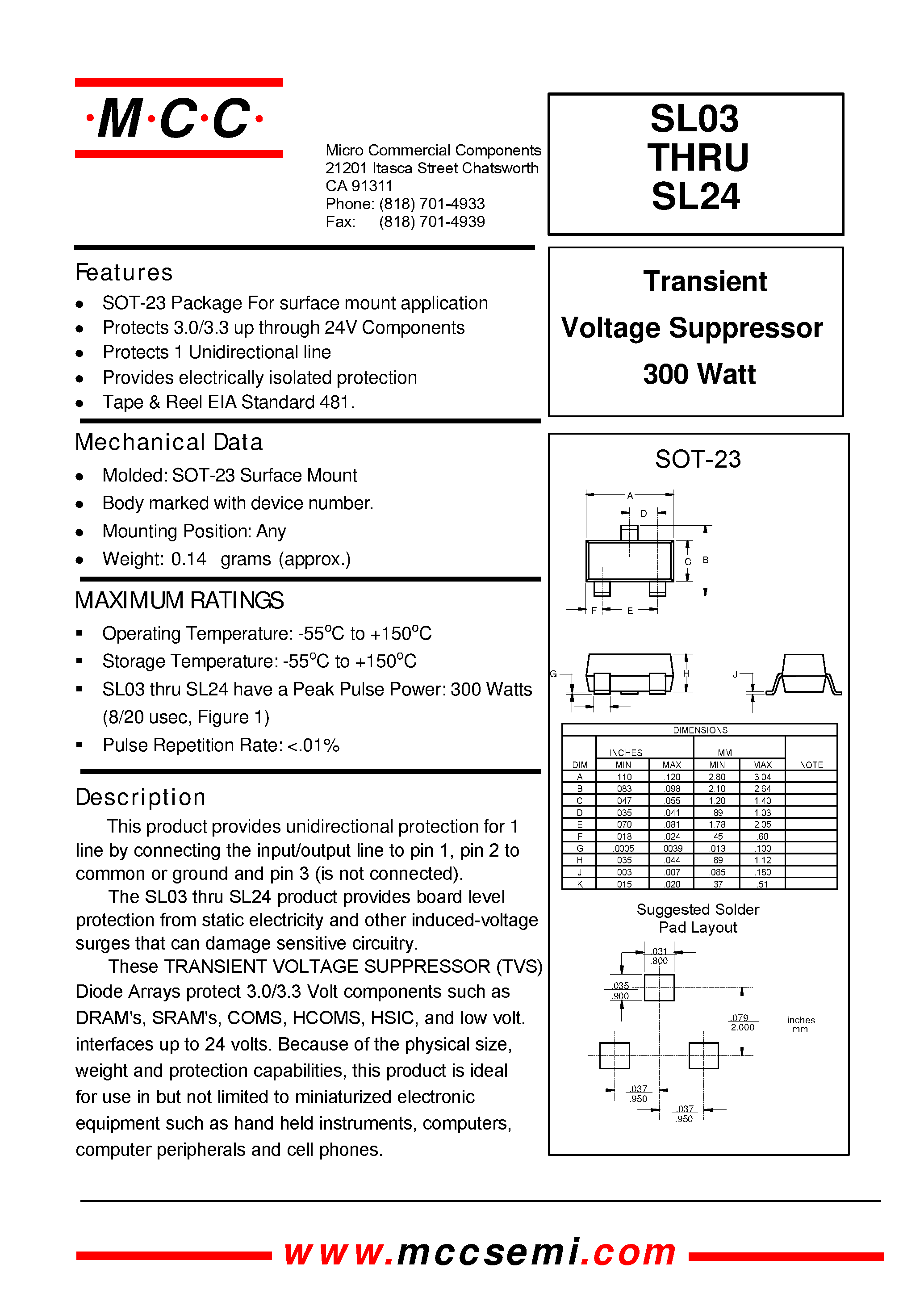 Datasheet SL12 - Transient Voltage Suppressor 300 Watt page 1