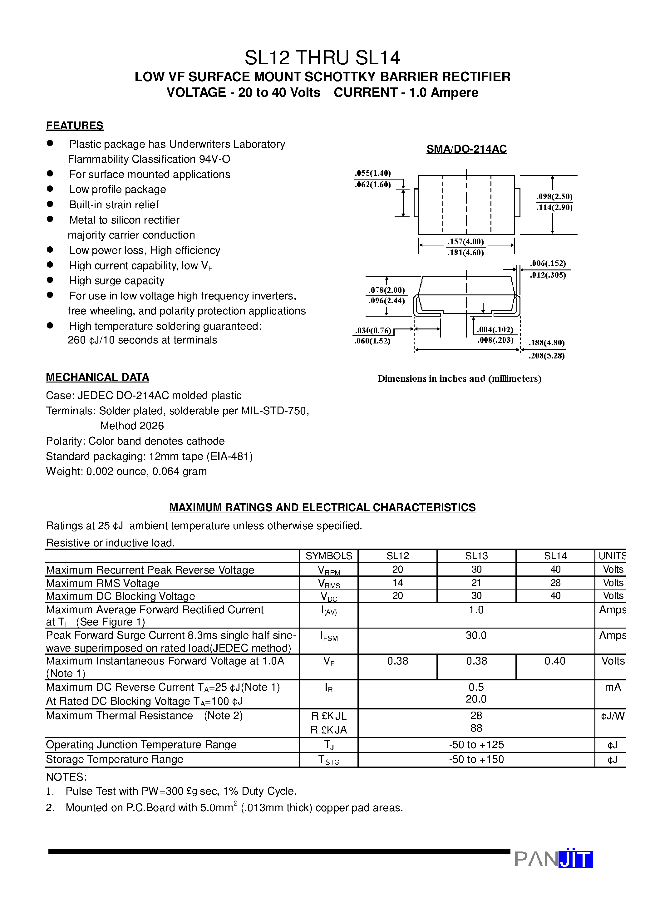 Datasheet SL13 - LOW VF SURFACE MOUNT SCHOTTKY BARRIER RECTIFIER(VOLTAGE - 20 to 40 Volts CURRENT - 1.0 Ampere) page 1