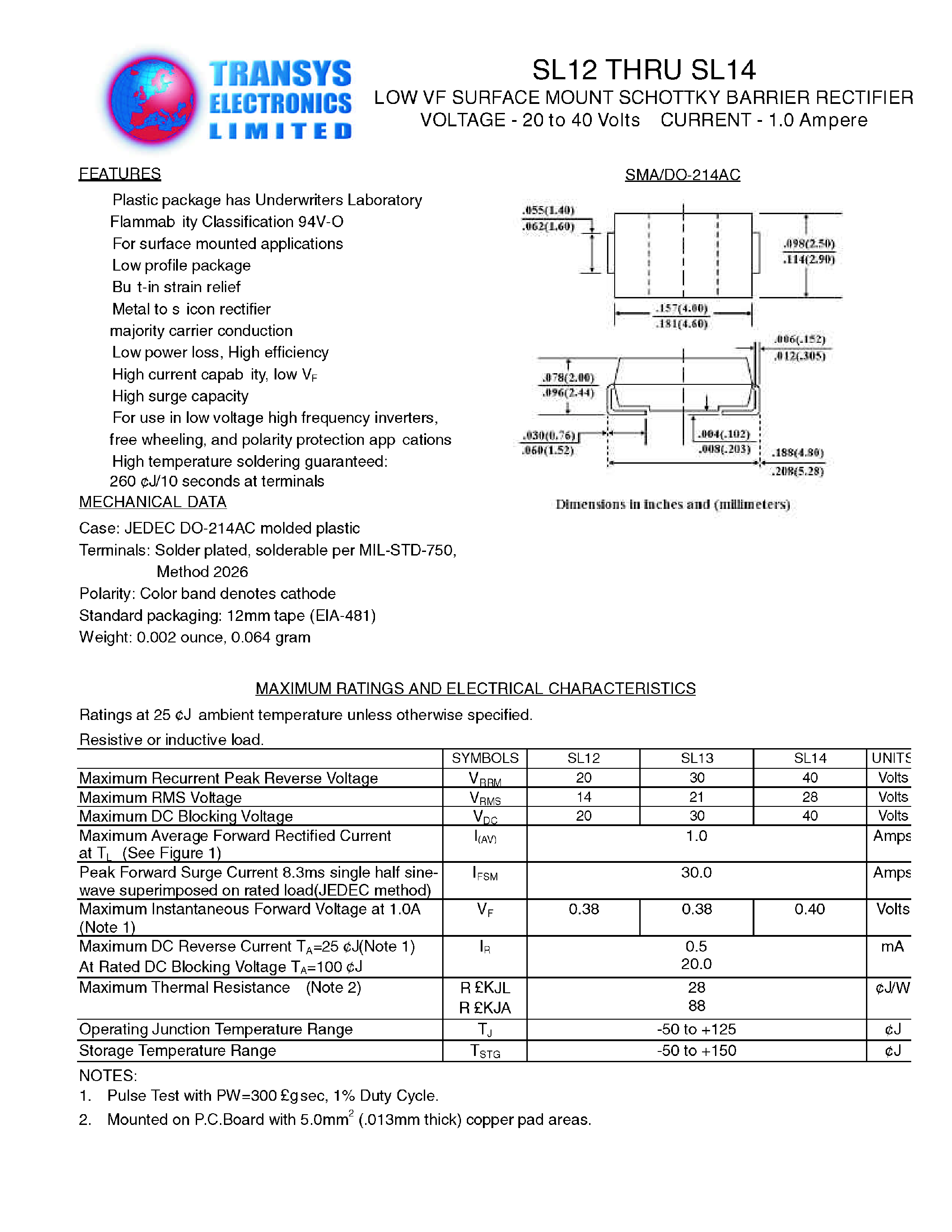 Datasheet SL14 - LOW VF SURFACE MOUNT SCHOTTKY BARRIER RECTIFIER page 1