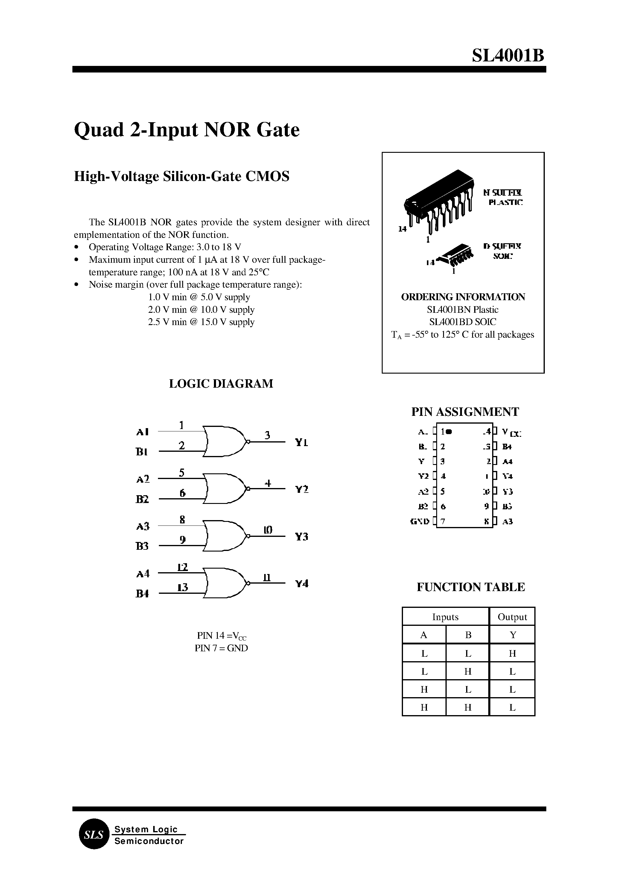 Даташит SL4001B - Quad 2-Input NOR Gate страница 1