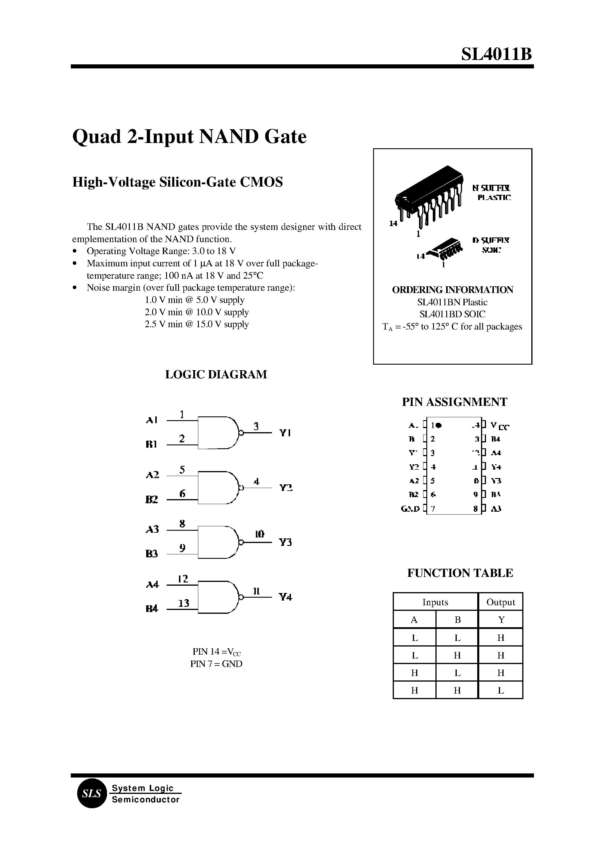 Даташит SL4011BN - Quad 2-Input NAND Gate страница 1