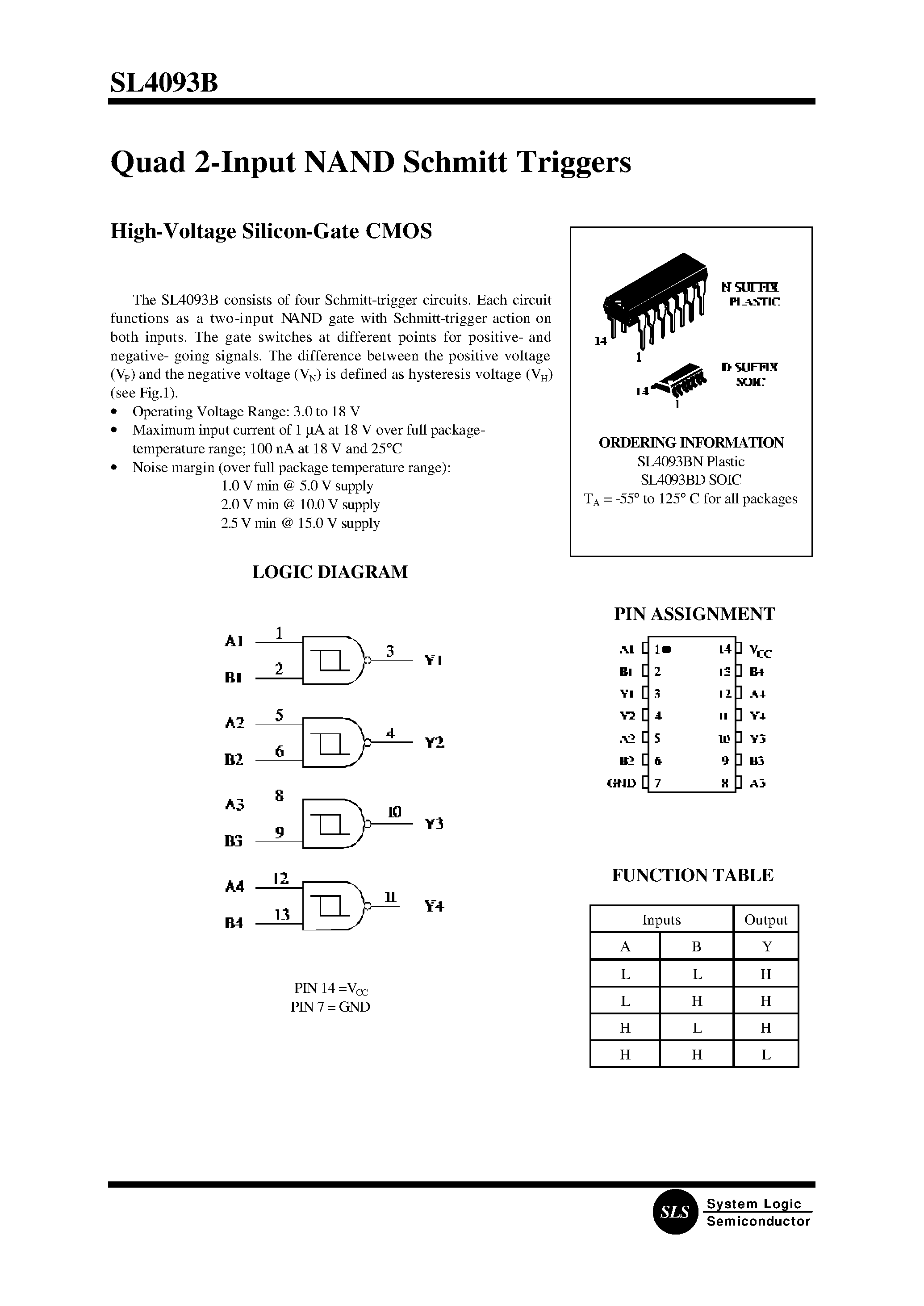 Даташит SL4093B - Quad 2-Input NAND Schmitt Triggers страница 1