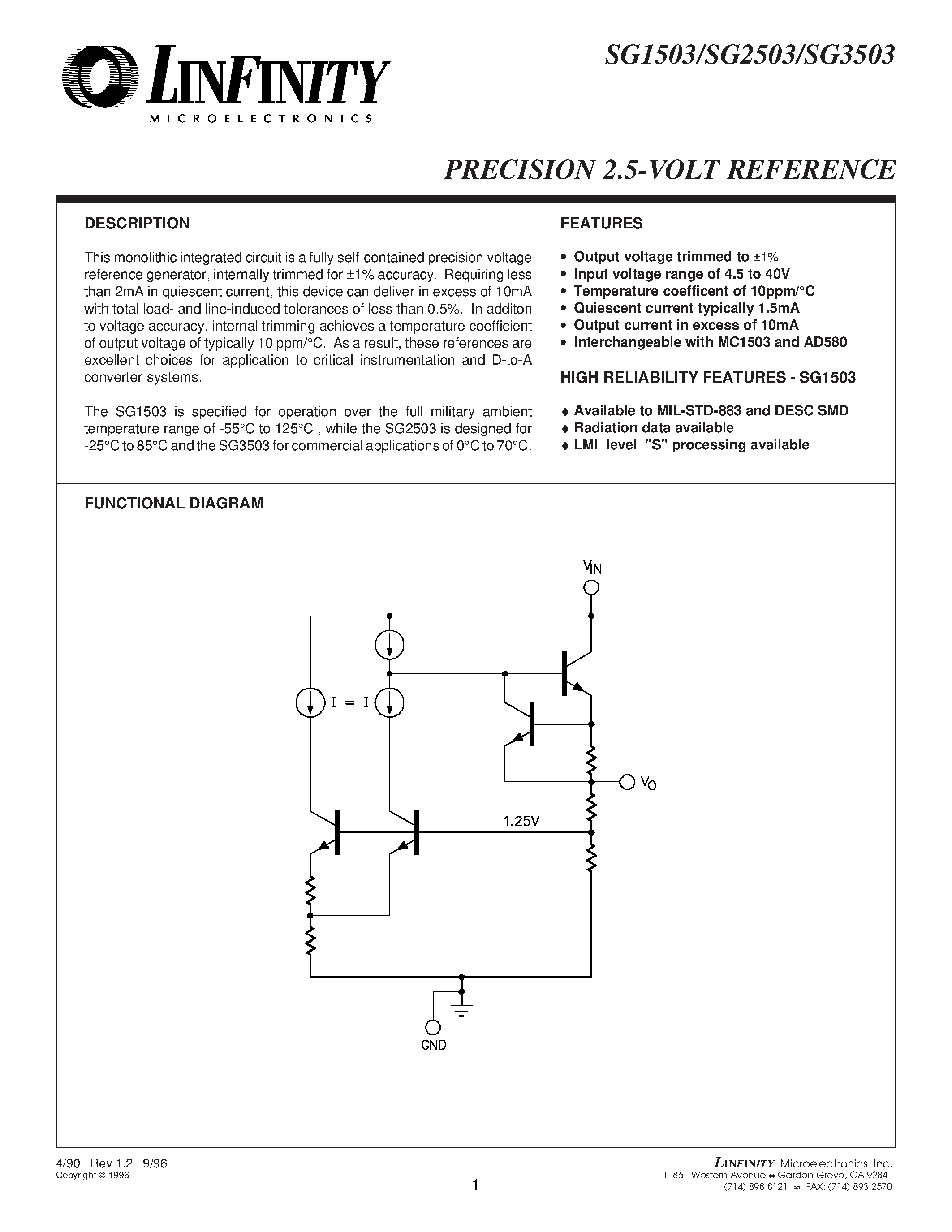 Даташит SG3503 - PRECISION 2.5-VOLT REFERENCE страница 1