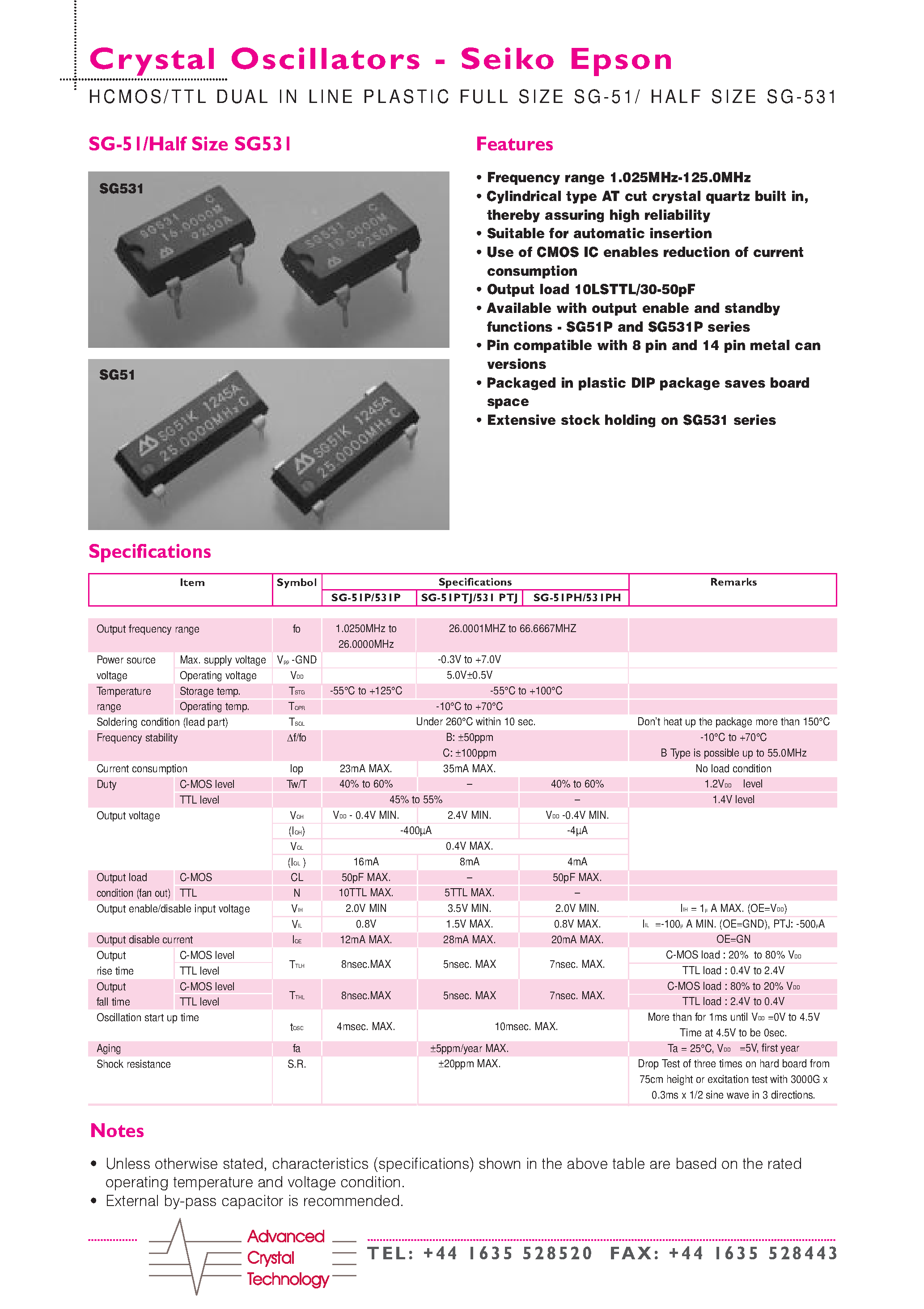 Даташит SG531 - Crystal Oscillators(HCMOS/TTL DUAL IN LINE PLASTIC FULL SIZE SG-51/ HALF SIZE SG-531) страница 1