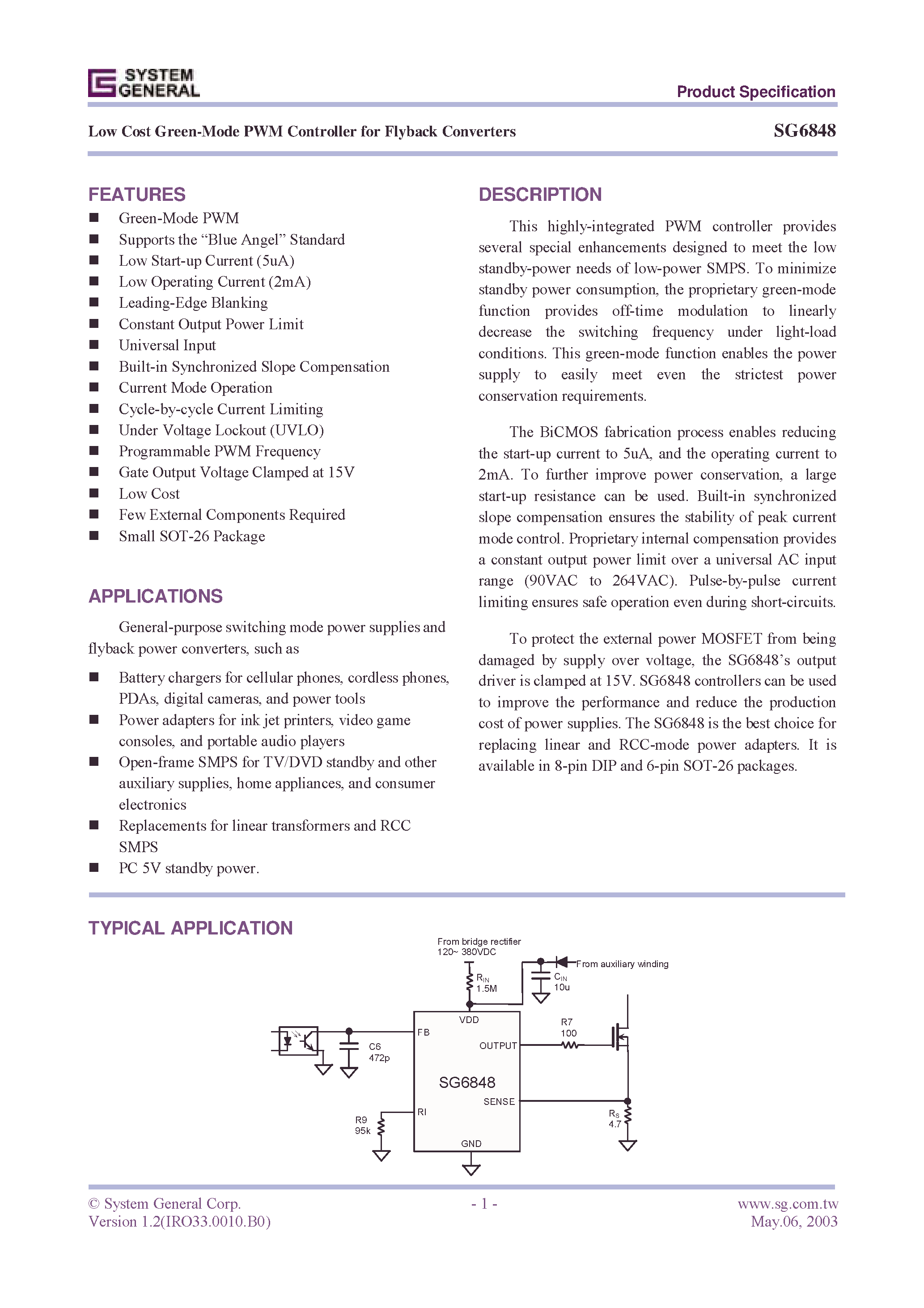 Даташит на микросхему SG6848 страница 1 Даташит SG6848 - Low Cost Green-Mode PWM Controller for Flyback Converters страница 1