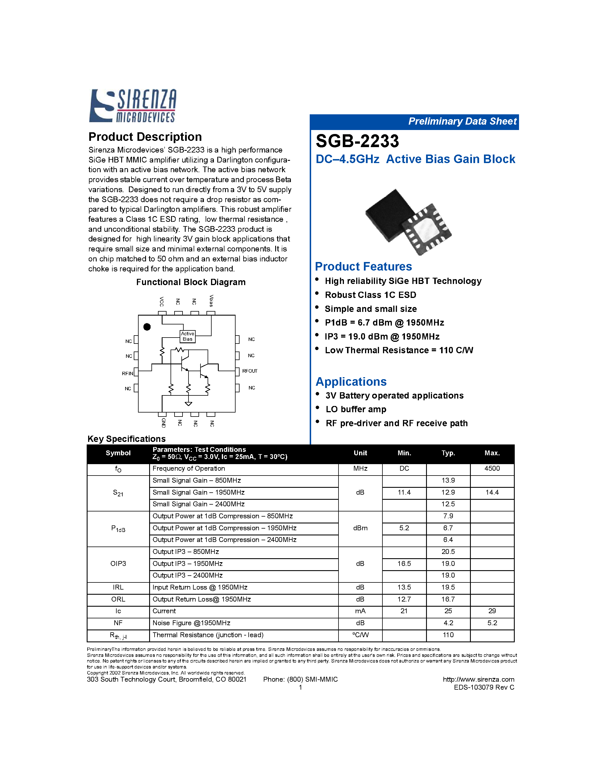 Даташит SGB-2233 - DC-4.5GHz Active Bias Gain Block страница 1