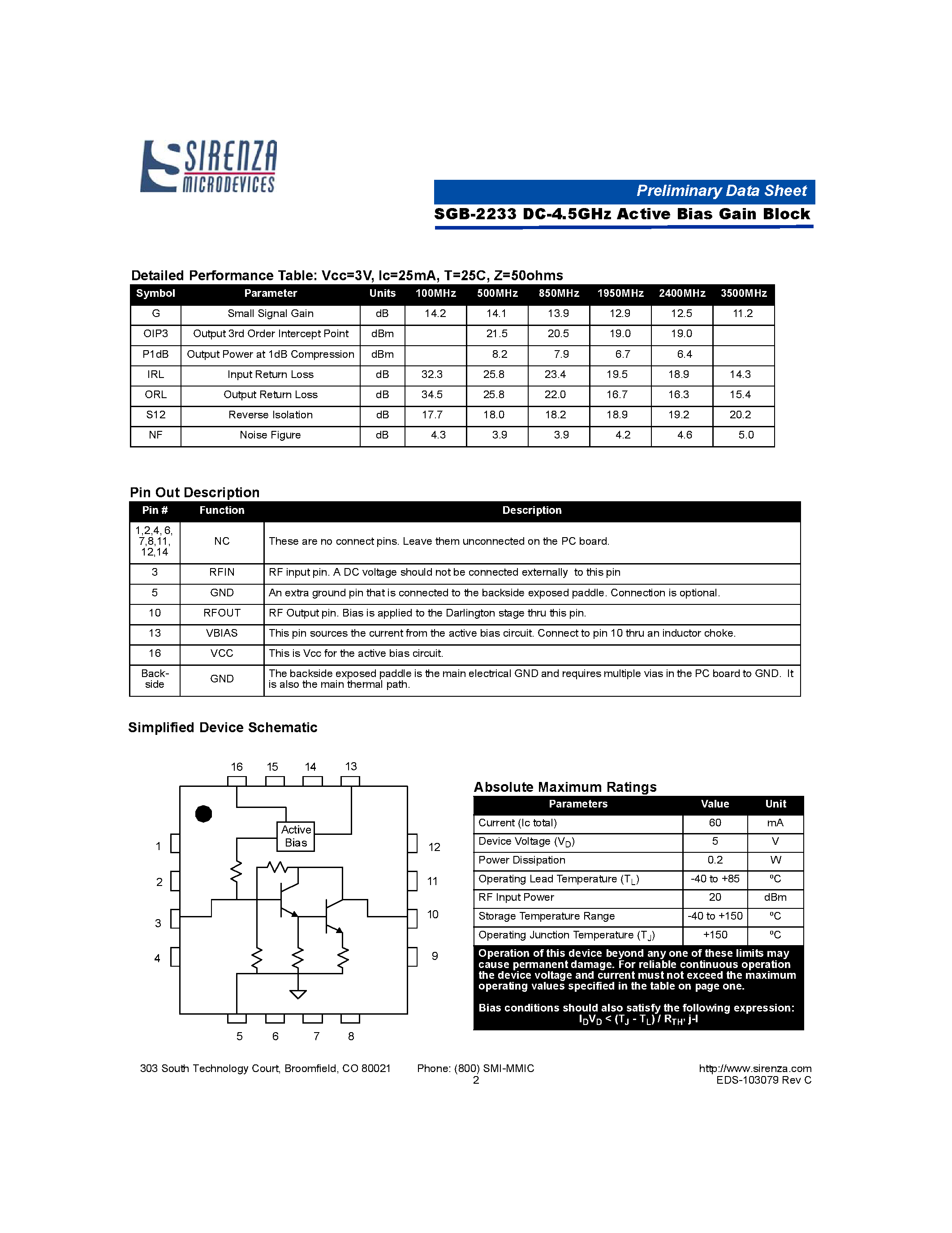 Даташит SGB-2233 - DC-4.5GHz Active Bias Gain Block страница 2