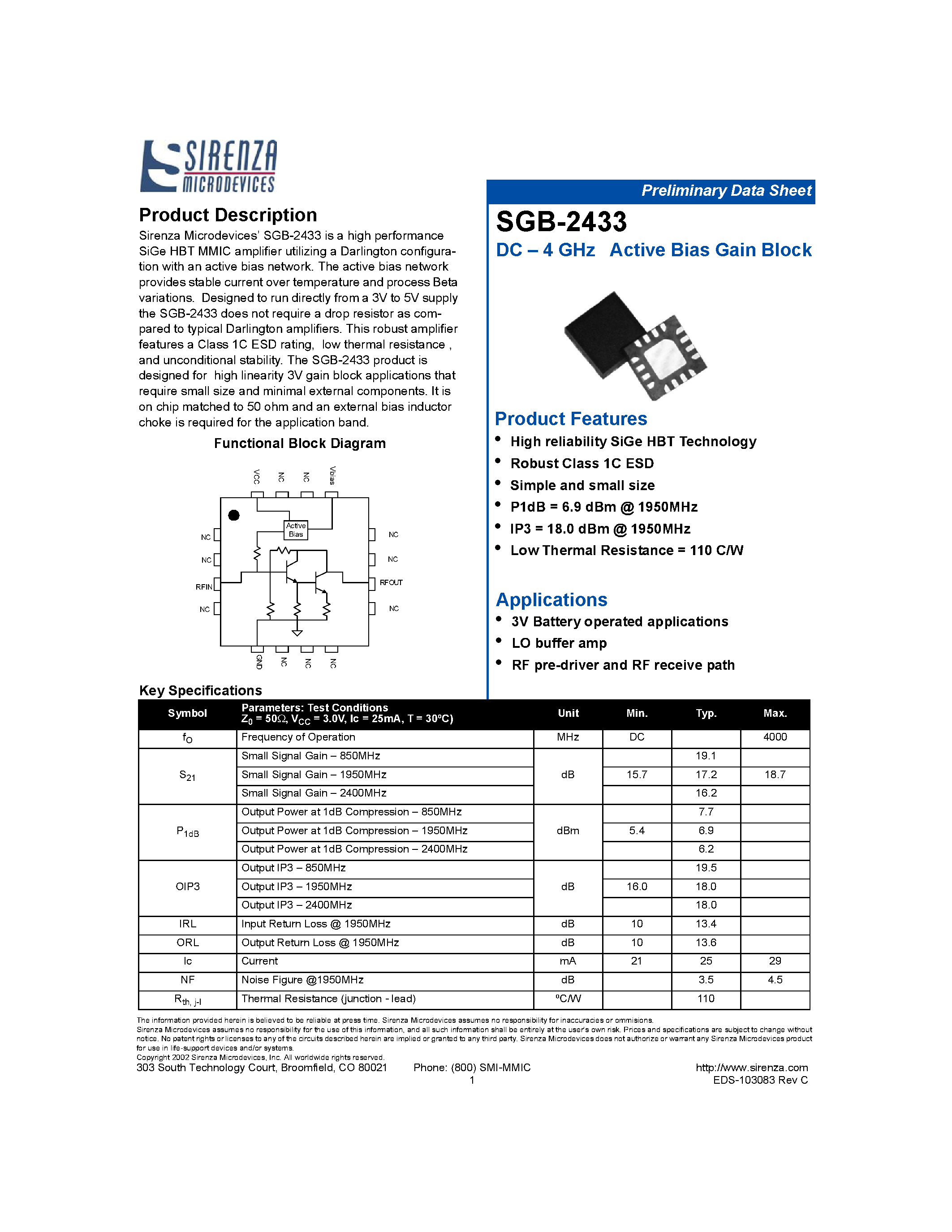 Даташит SGB-2433 - DC - 4 GHz Active Bias Gain Block страница 1