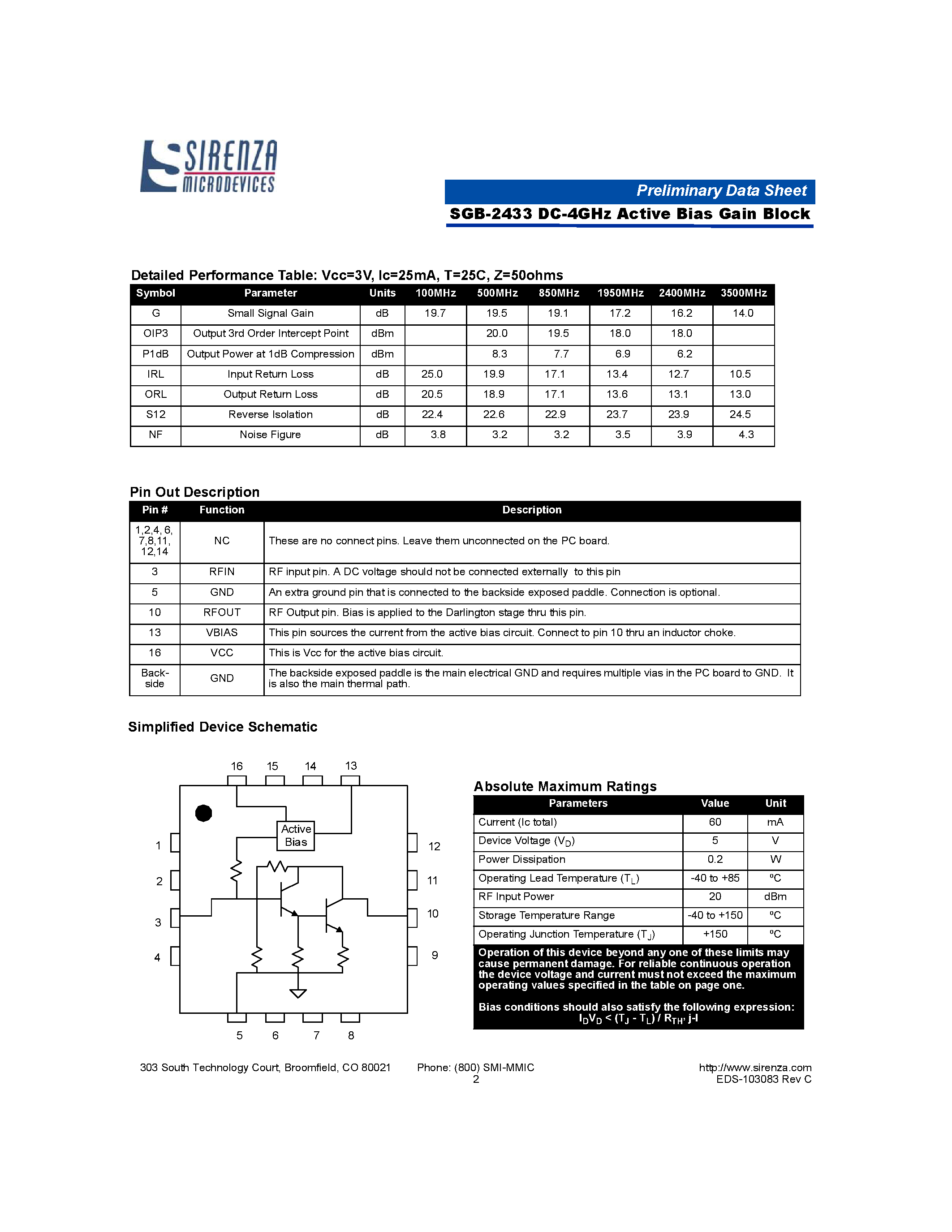 Даташит SGB-2433 - DC - 4 GHz Active Bias Gain Block страница 2