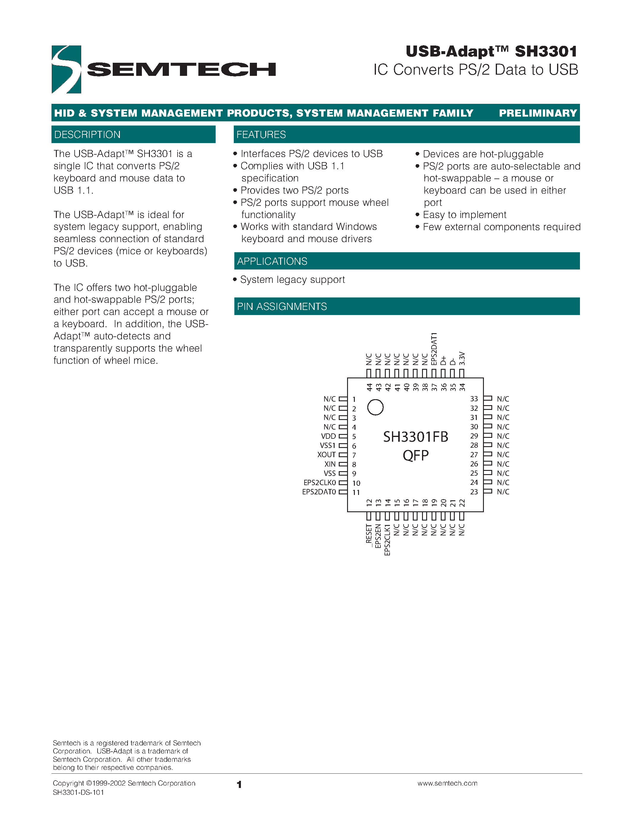 Даташит SH3301 - USB-Adapt SH3301 IC Converts PS/2 Data to USB страница 1