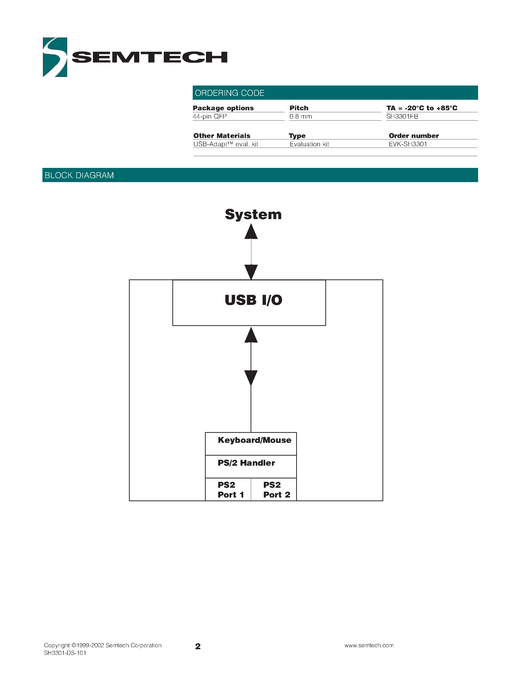 Даташит SH3301FB - USB-Adapt SH3301 IC Converts PS/2 Data to USB страница 2