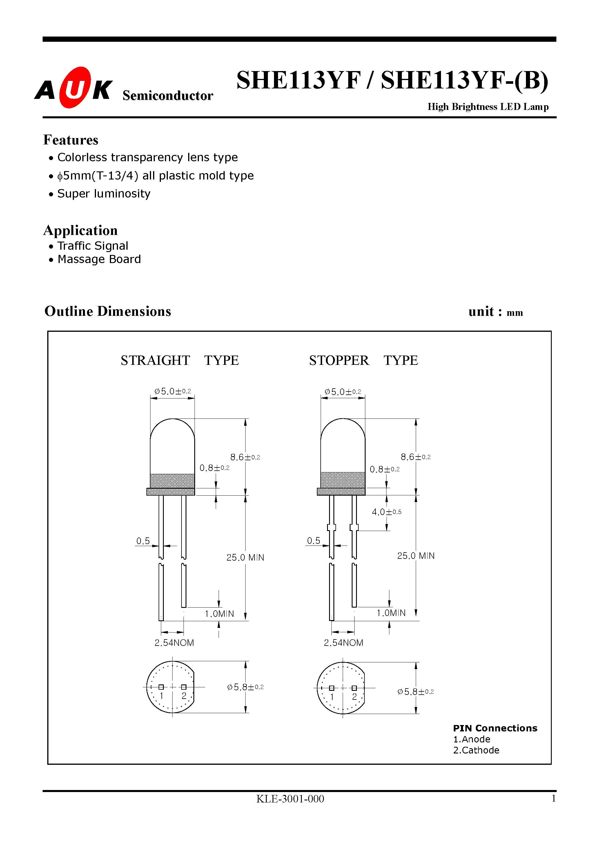 Datasheet SHE113YF-(B) - High Brightness LED Lamp page 1