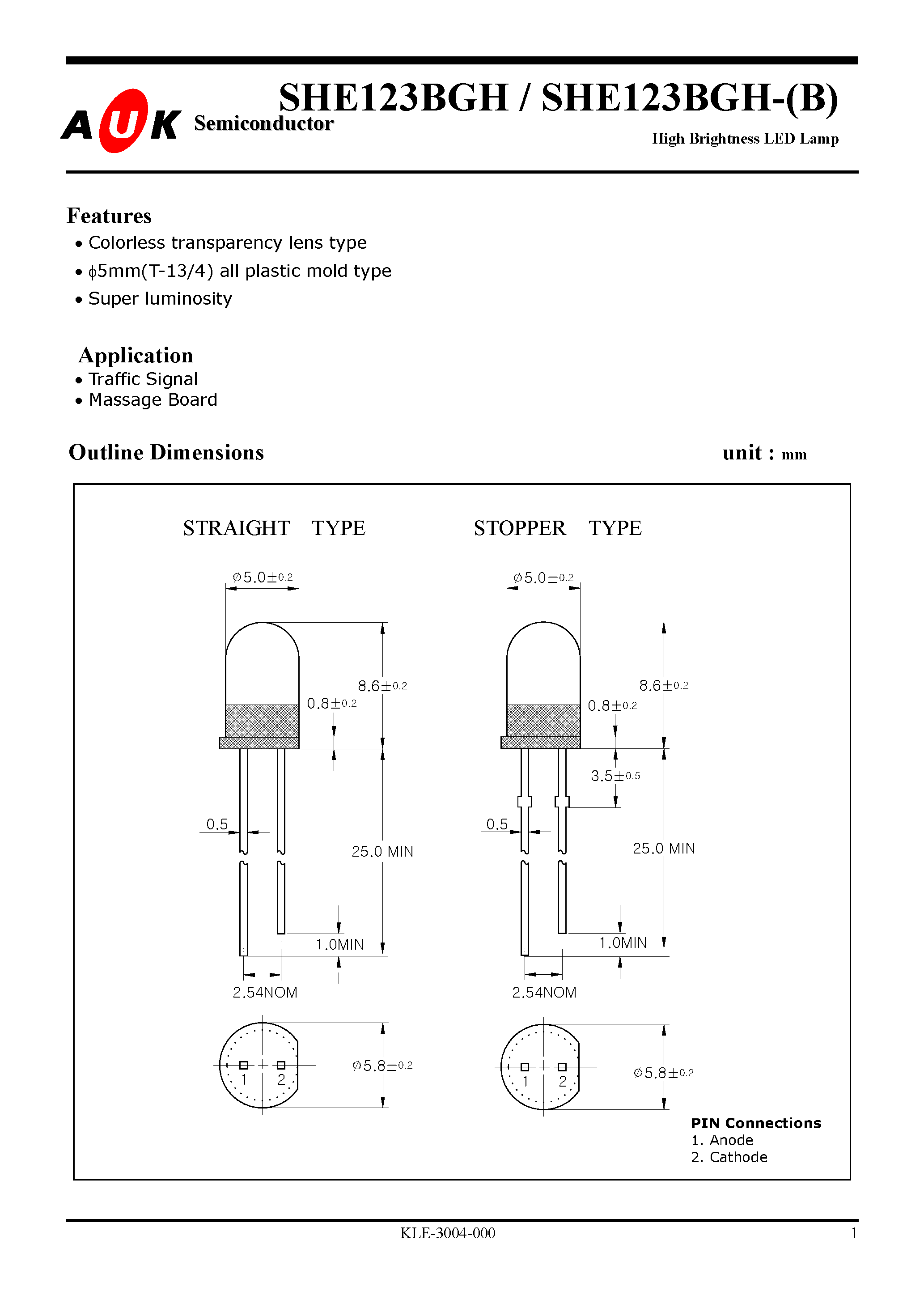 Datasheet SHE123BGH-(B) - High Brightness LED Lamp page 1