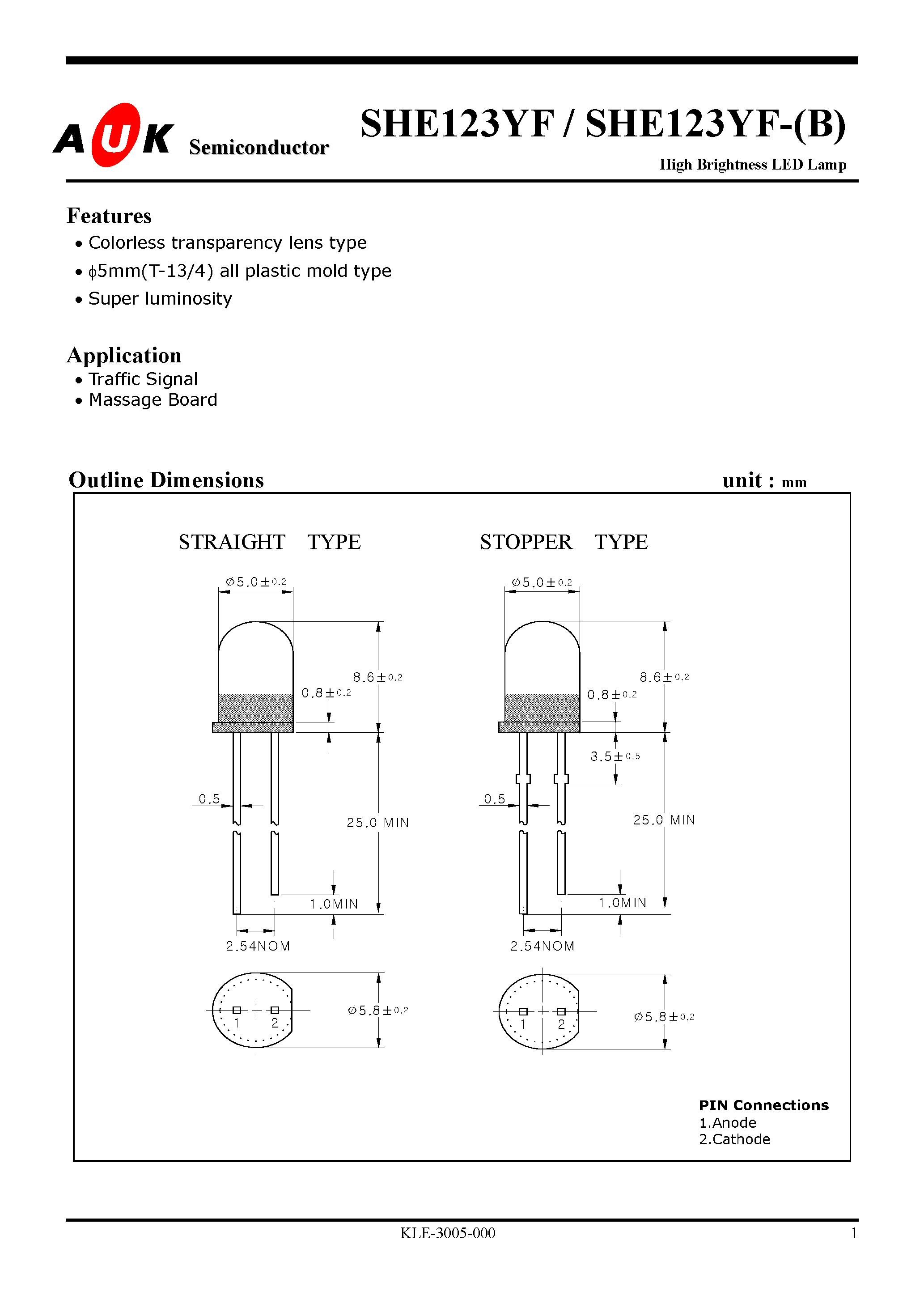 Datasheet SHE123YF-(B) - High Brightness LED Lamp page 1